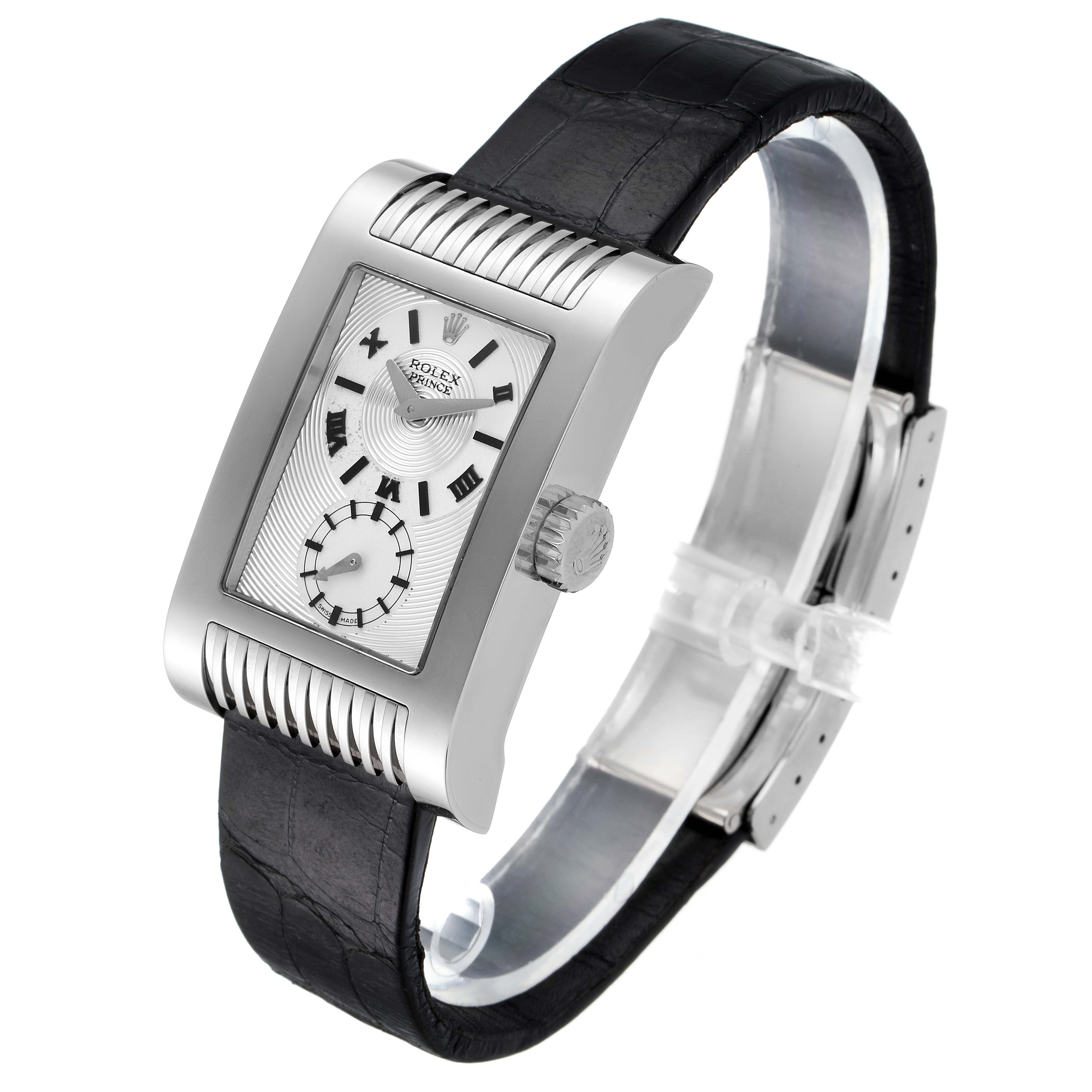 This image shows a side angle of the Rolex Cellini 5441 Men's White Gold Silver Dial 5441 Men's White Gold Silver Dial watch, highlighting the face, crown, and black leather strap.