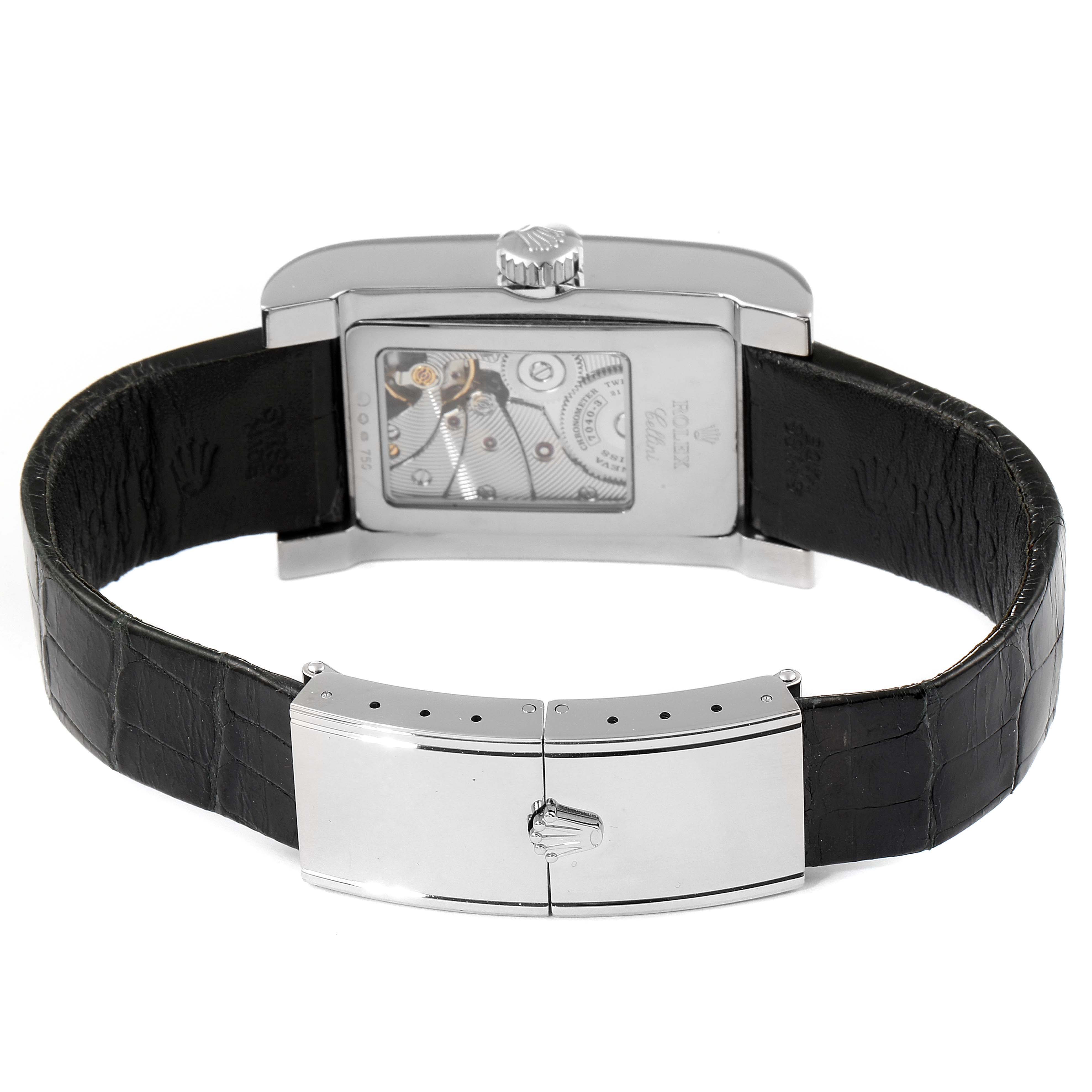 This image shows the back view of a Rolex Cellini 5441 Men's White Gold Silver Dial 5441 Men's White Gold Silver Dial model watch, focusing on the transparent case back and clasp.