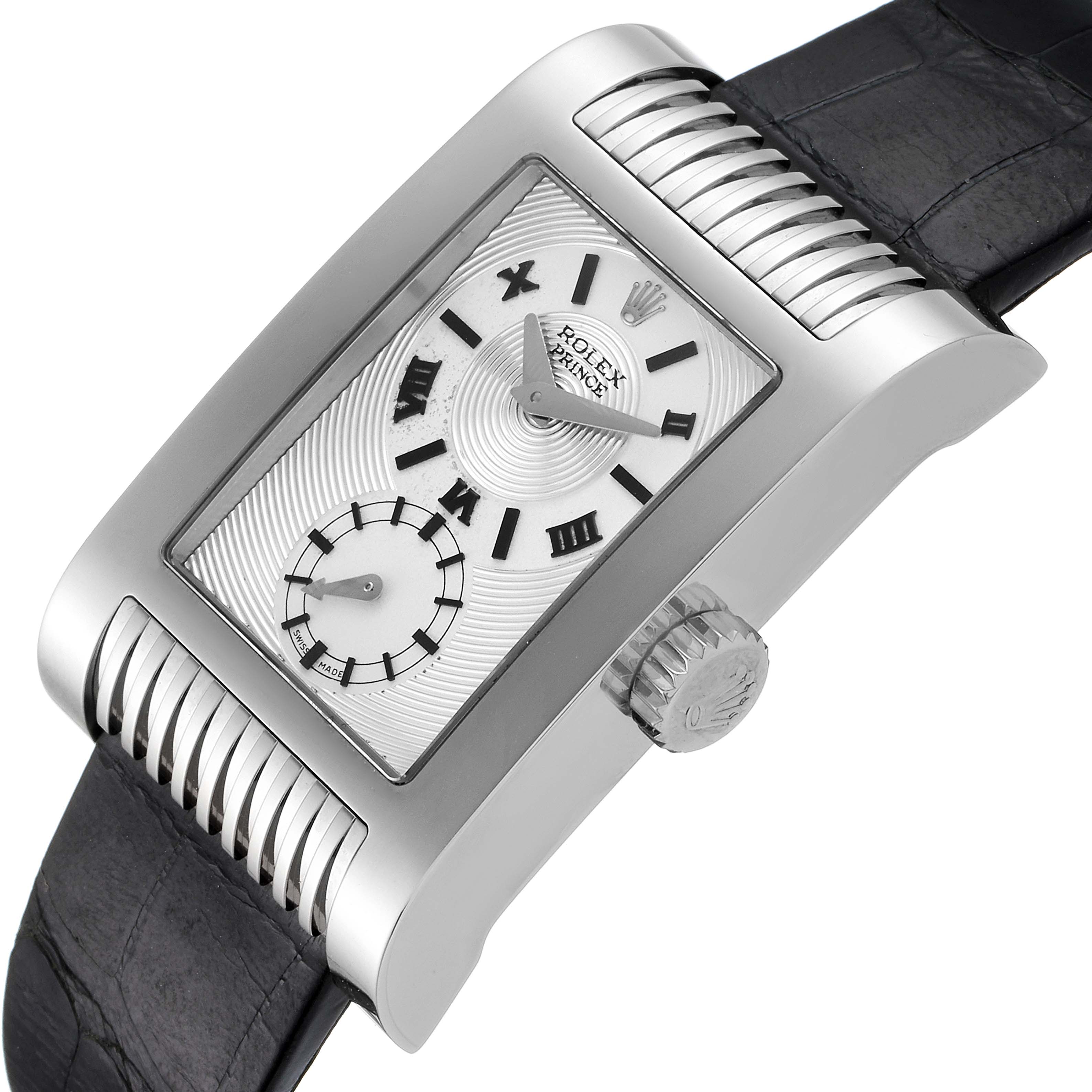 This image shows the Rolex Cellini 5441 Men's White Gold Silver Dial 5441 Men's White Gold Silver Dial Prince model, highlighting its rectangular case, dial, crown, and alligator leather strap at an angled view.