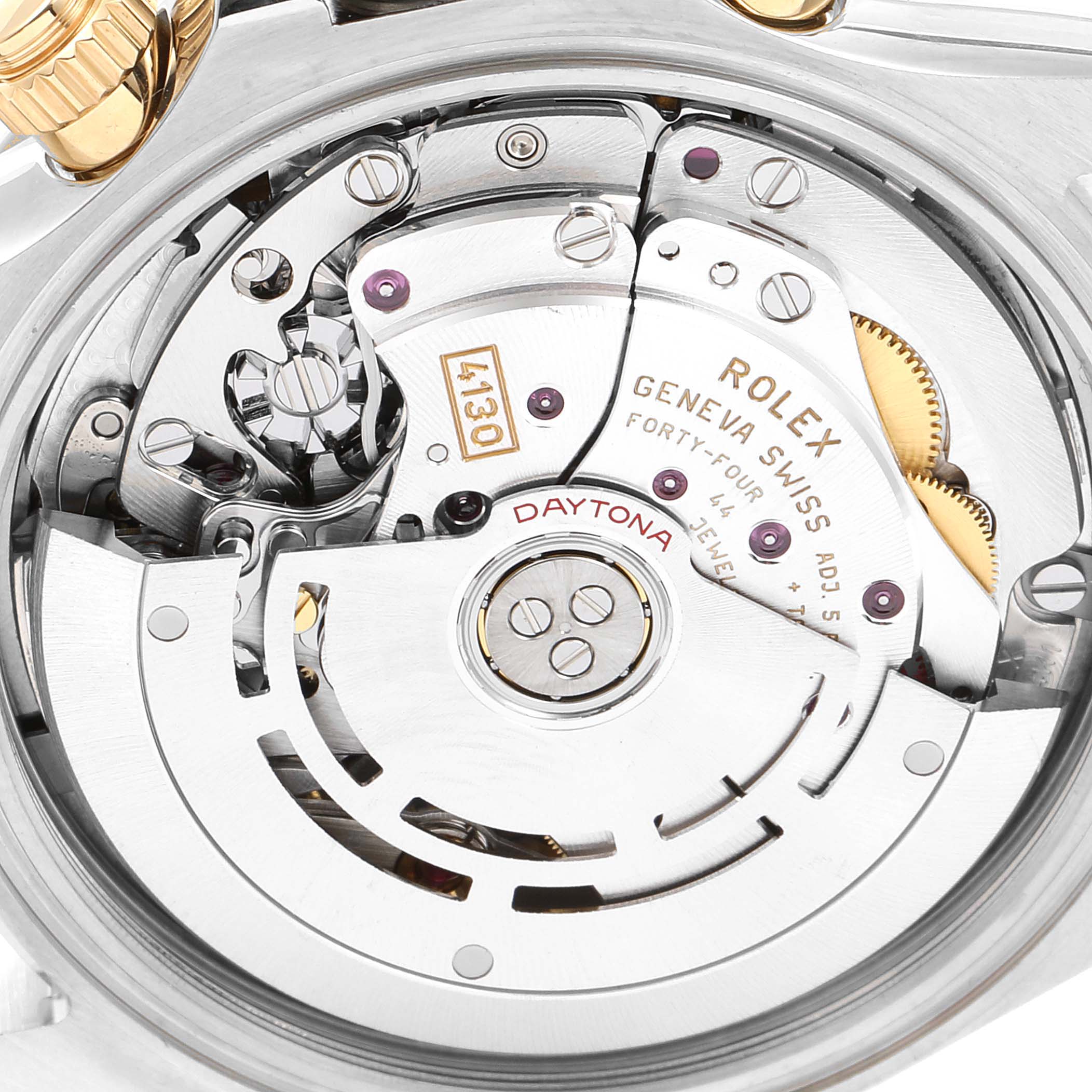 The image shows the movement mechanism of a Rolex Daytona 116503 Men's Steel and Gold (two tone) Champagne Dial 116503 Men's Steel and Gold (two tone) Champagne Dial watch from a rear angle.