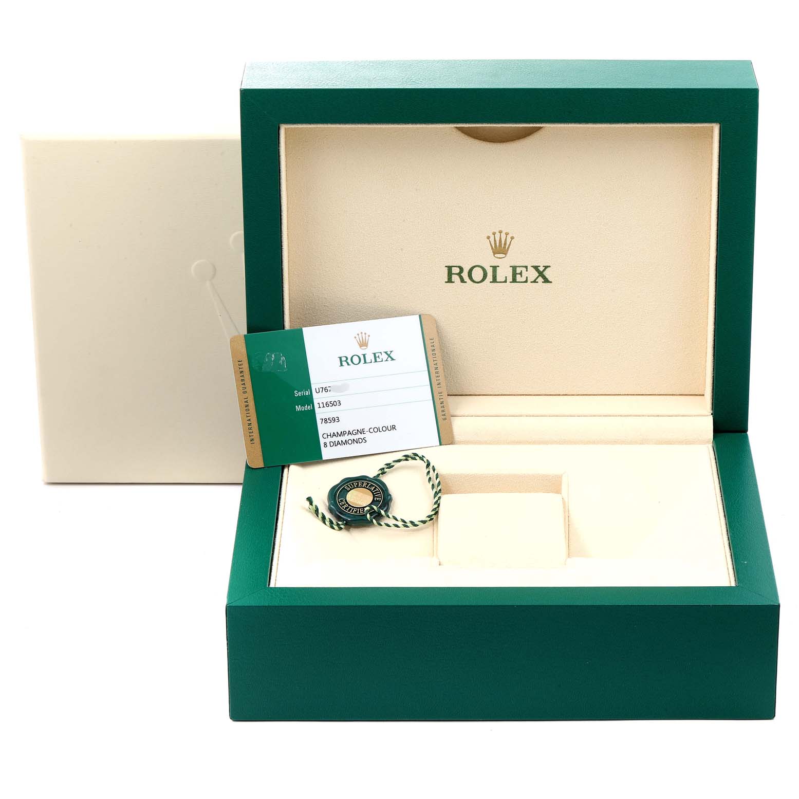 This image shows an open Rolex Daytona 116503 Men's Steel and Gold (two tone) Champagne Dial 116503 Men's Steel and Gold (two tone) Champagne Dial watch box with its certificate, tags, and no watch inside.
