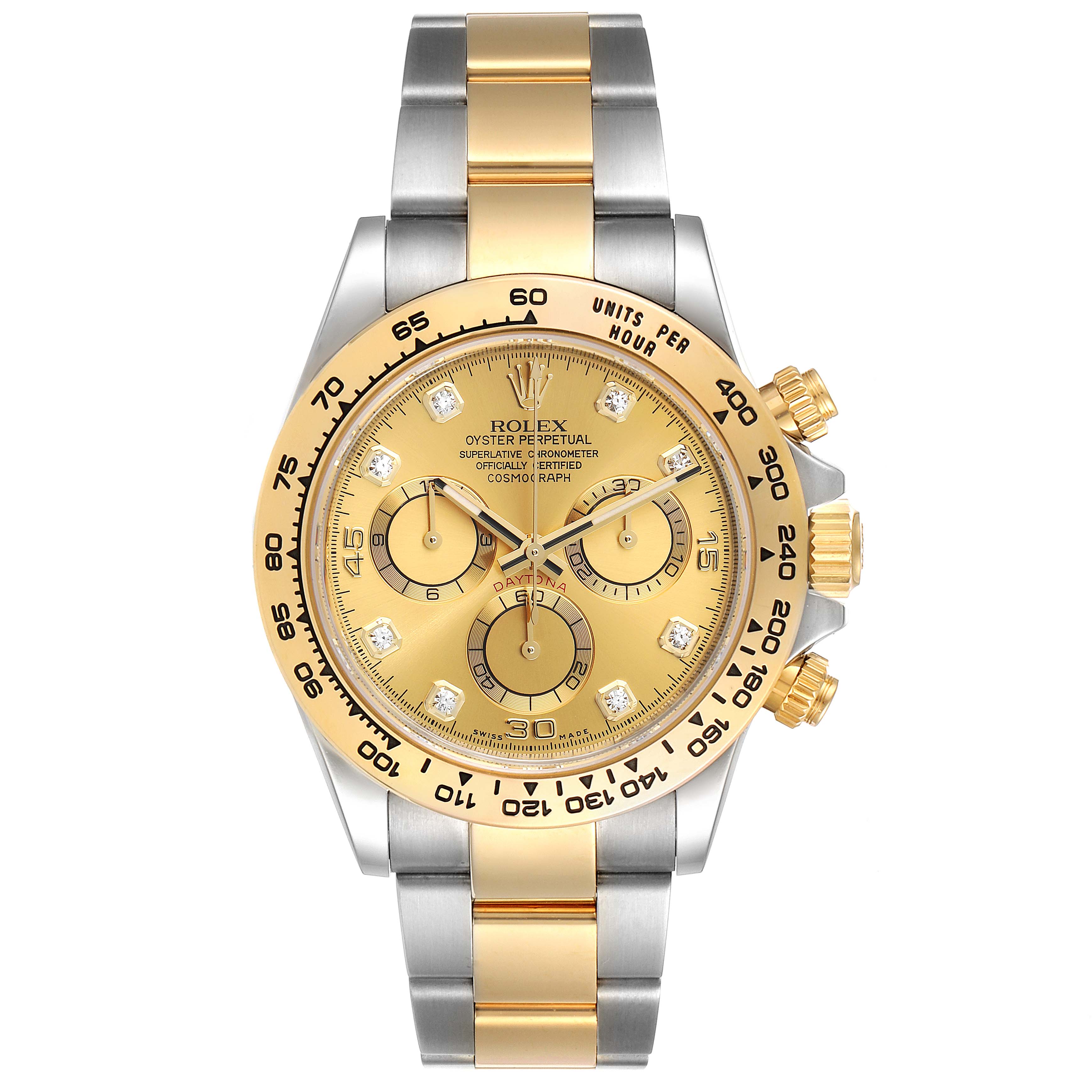 The Rolex Daytona 116503 Men's Steel and Gold (two tone) Champagne Dial 116503 Men's Steel and Gold (two tone) Champagne Dial watch is shown from a front angle, highlighting its dual-tone bracelet, gold bezel, and chronograph dials.
