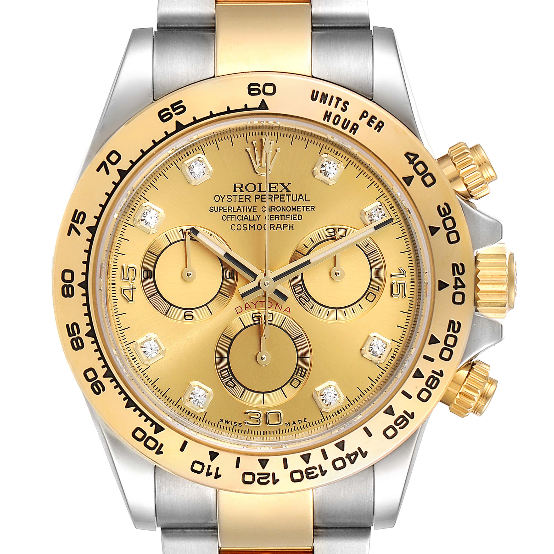 This image shows a front view of the Rolex Daytona 116503 Men's Steel and Gold (two tone) Champagne Dial 116503 Men's Steel and Gold (two tone) Champagne Dial watch, highlighting its gold dial, bezel, and chronograph subdials.