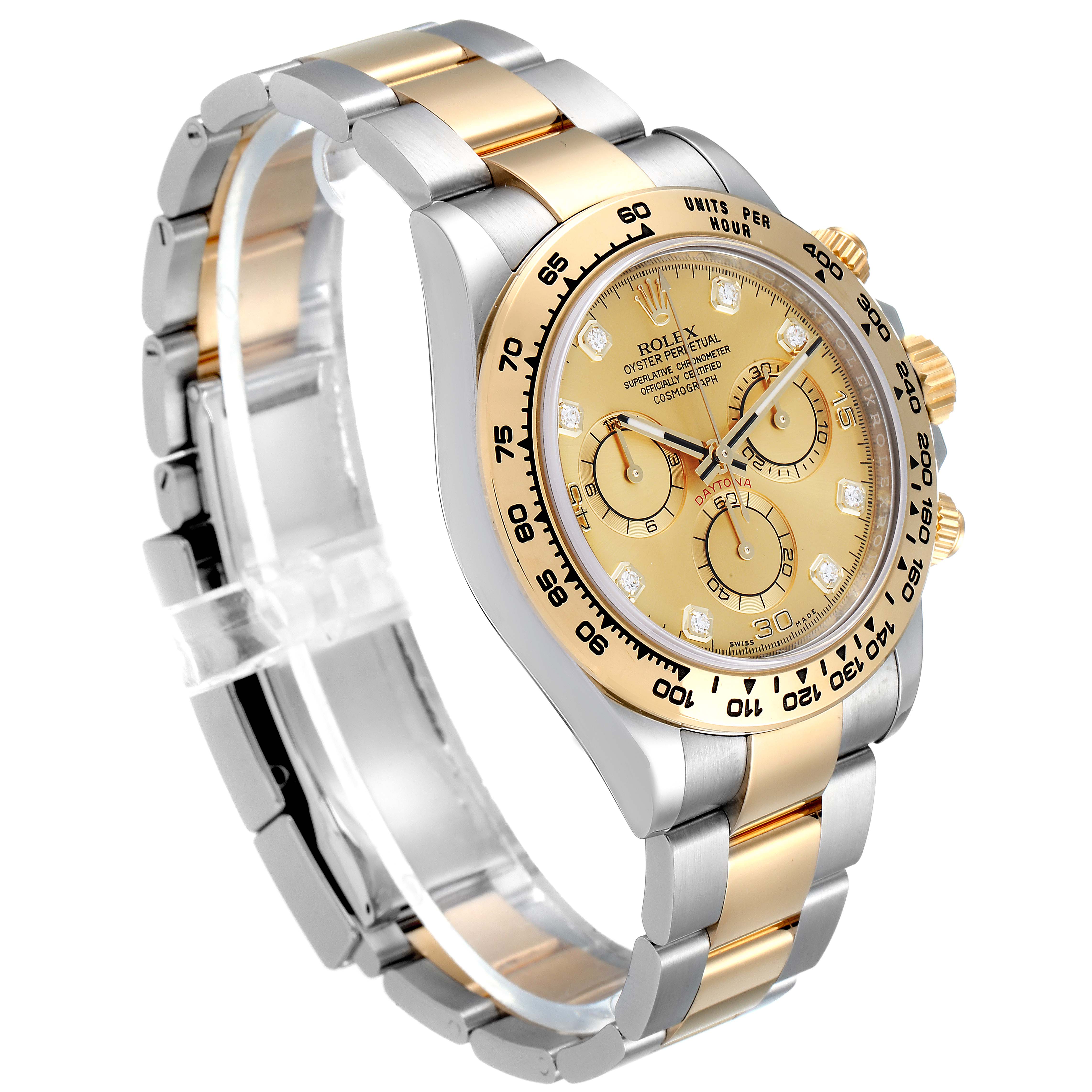 This image shows a Rolex Daytona 116503 Men's Steel and Gold (two tone) Champagne Dial 116503 Men's Steel and Gold (two tone) Champagne Dial watch at an angled view, displaying the face, bezel, crown, and part of the bracelet.