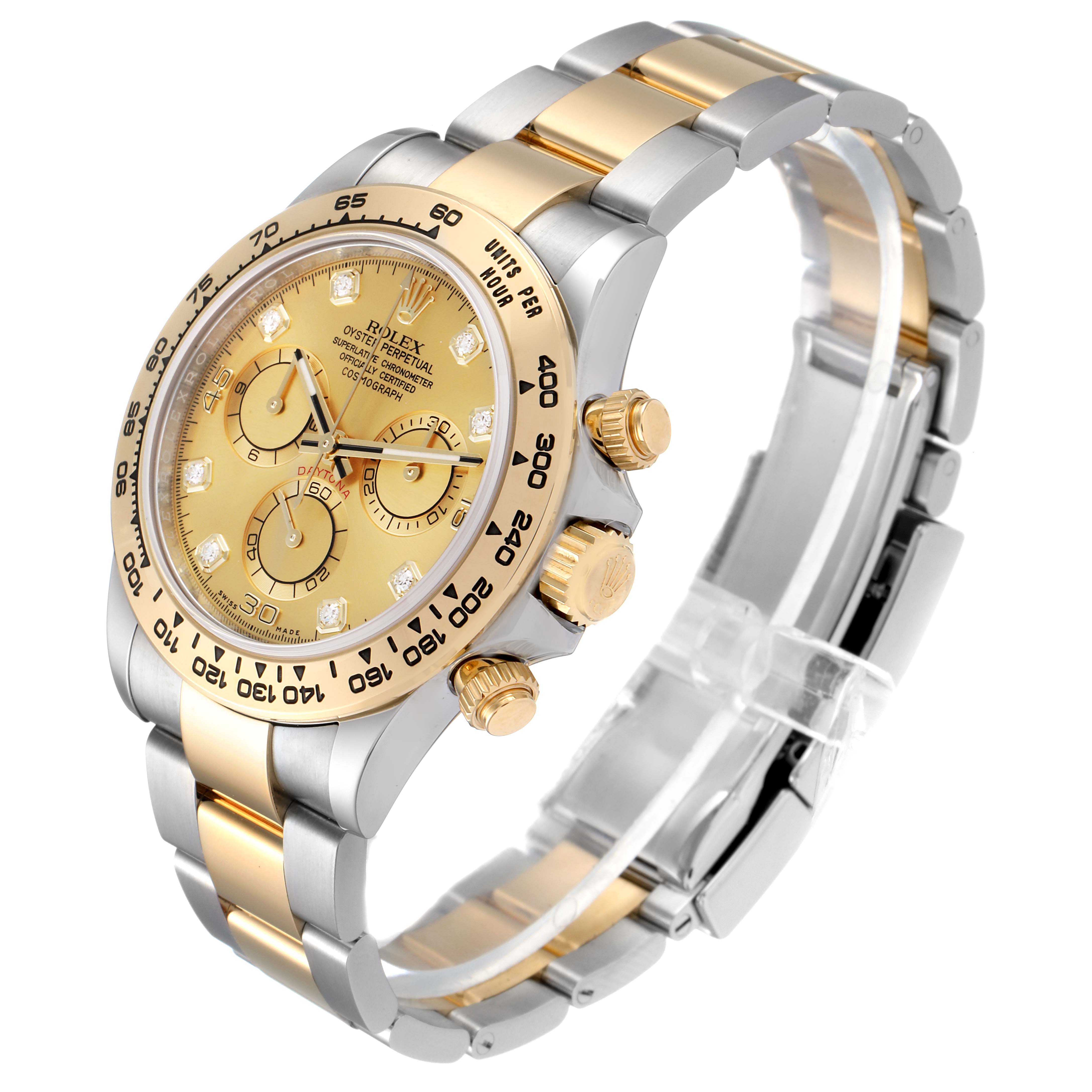 The image shows the Rolex Daytona 116503 Men's Steel and Gold (two tone) Champagne Dial 116503 Men's Steel and Gold (two tone) Champagne Dial watch at a three-quarter angle, highlighting its gold bezel, dial, and two-tone bracelet.