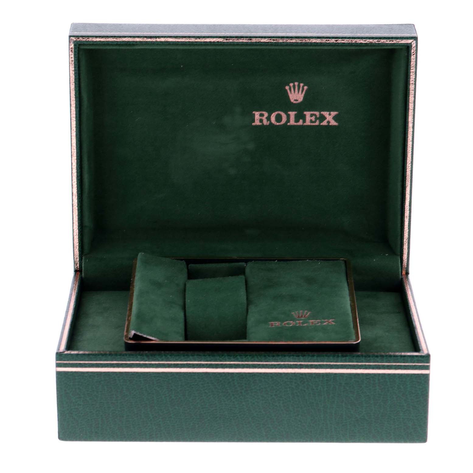 The image shows an open green watch box for the Rolex Date 15037 Men's Yellow Gold Black Dial 15037 Men's Yellow Gold Black Dial model, without the watch inside.