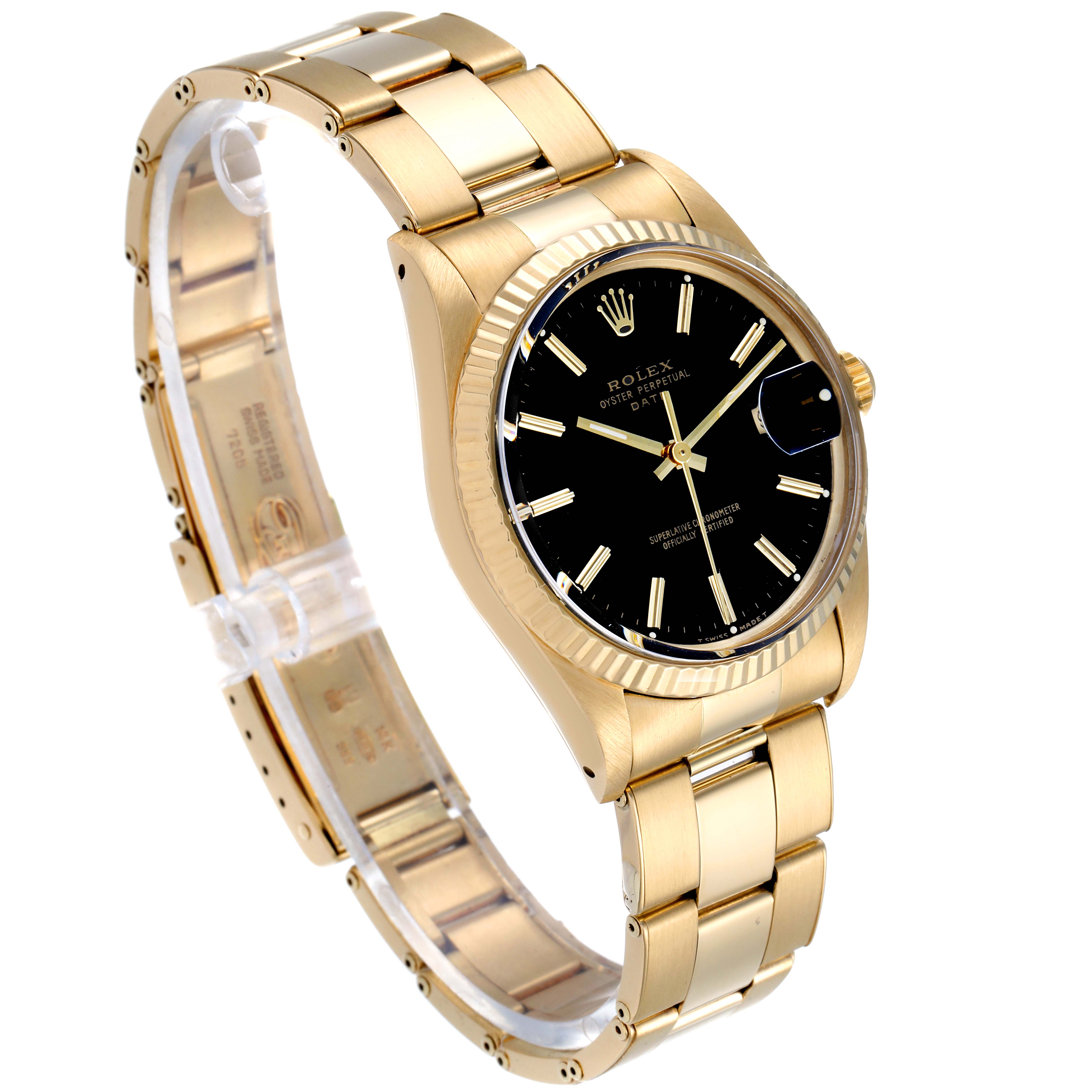 The image shows a Rolex Date 15037 Men's Yellow Gold Black Dial 15037 Men's Yellow Gold Black Dial model watch at a three-quarters angle, highlighting the gold bracelet, bezel, and black dial.