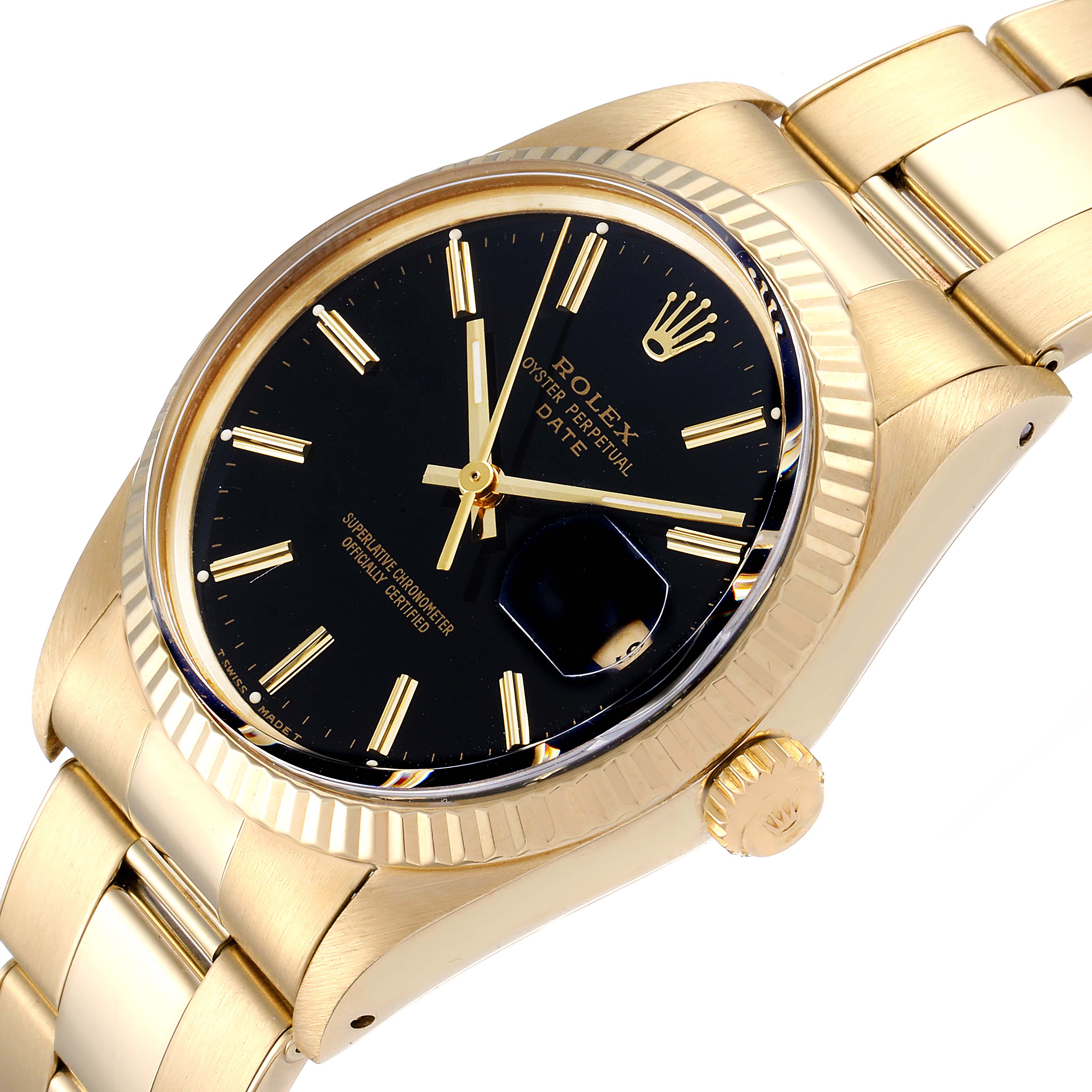 The image shows a Rolex Date 15037 Men's Yellow Gold Black Dial 15037 Men's Yellow Gold Black Dial model watch from an angled top view, highlighting the dial, bezel, bracelet, and crown.