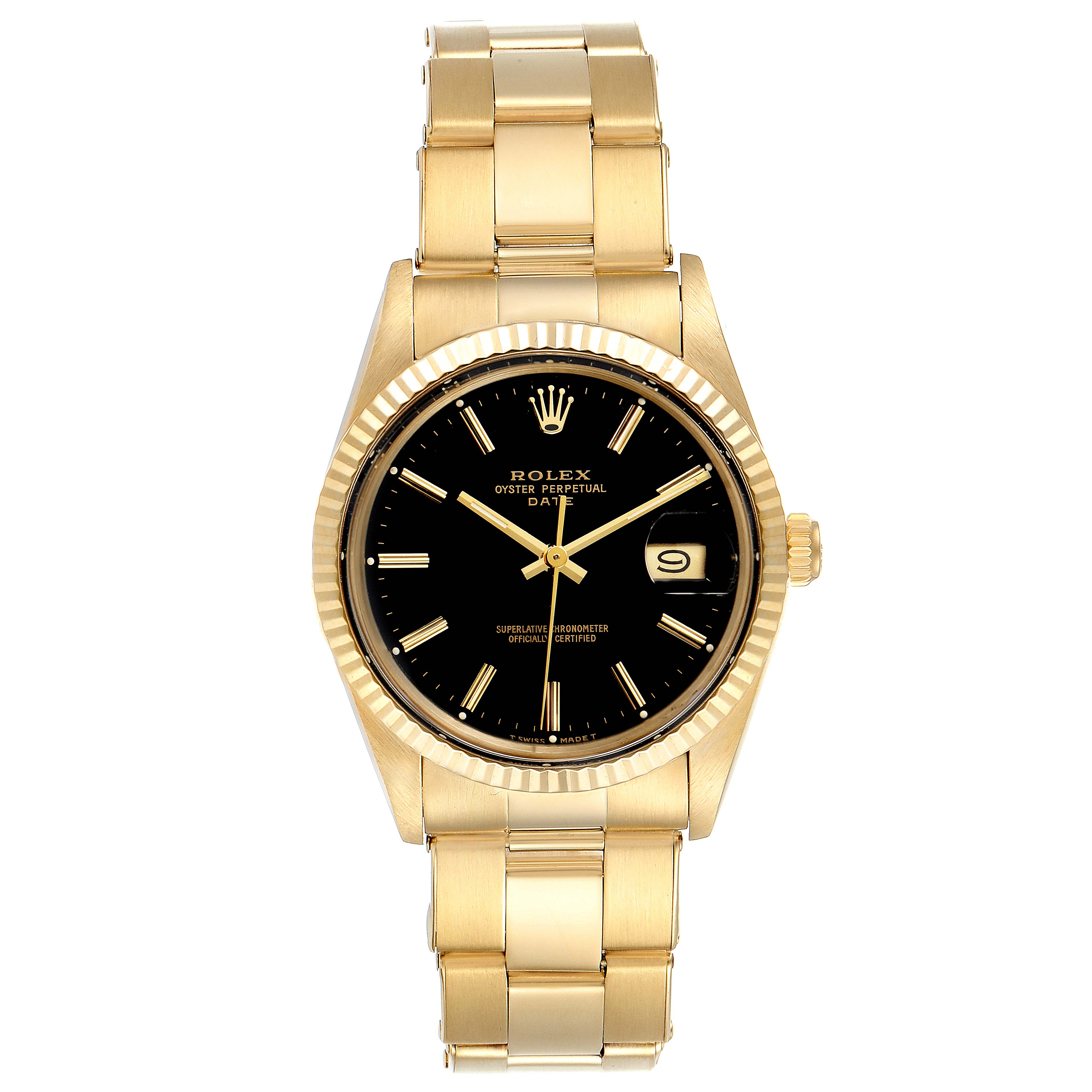 The Rolex Date 15037 Men's Yellow Gold Black Dial 15037 Men's Yellow Gold Black Dial watch is shown from a front angle, displaying the entire face, bezel, and bracelet.