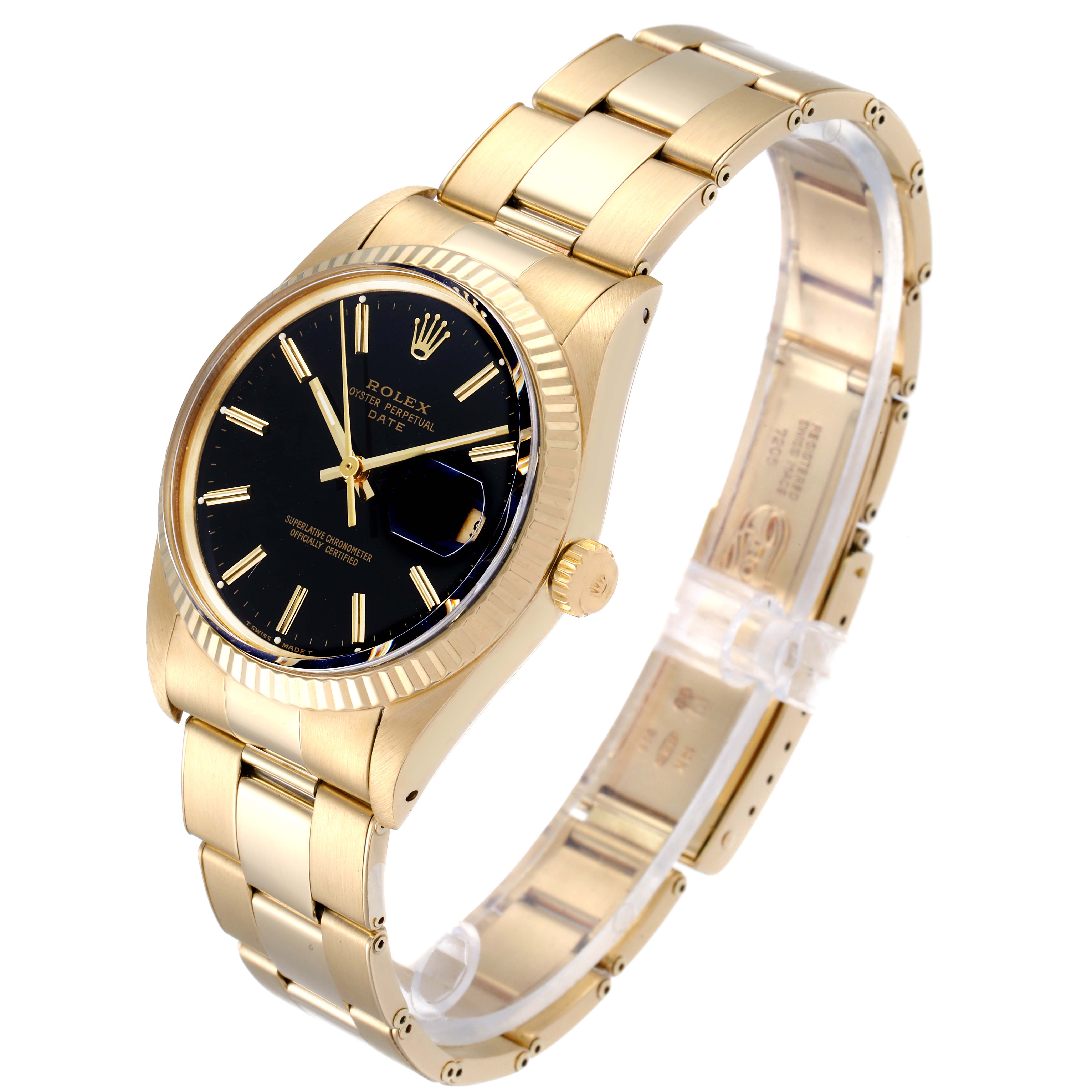 The image shows a side and top angle view of a Rolex Date 15037 Men's Yellow Gold Black Dial 15037 Men's Yellow Gold Black Dial model, displaying its gold bracelet, black dial, and date magnifier.