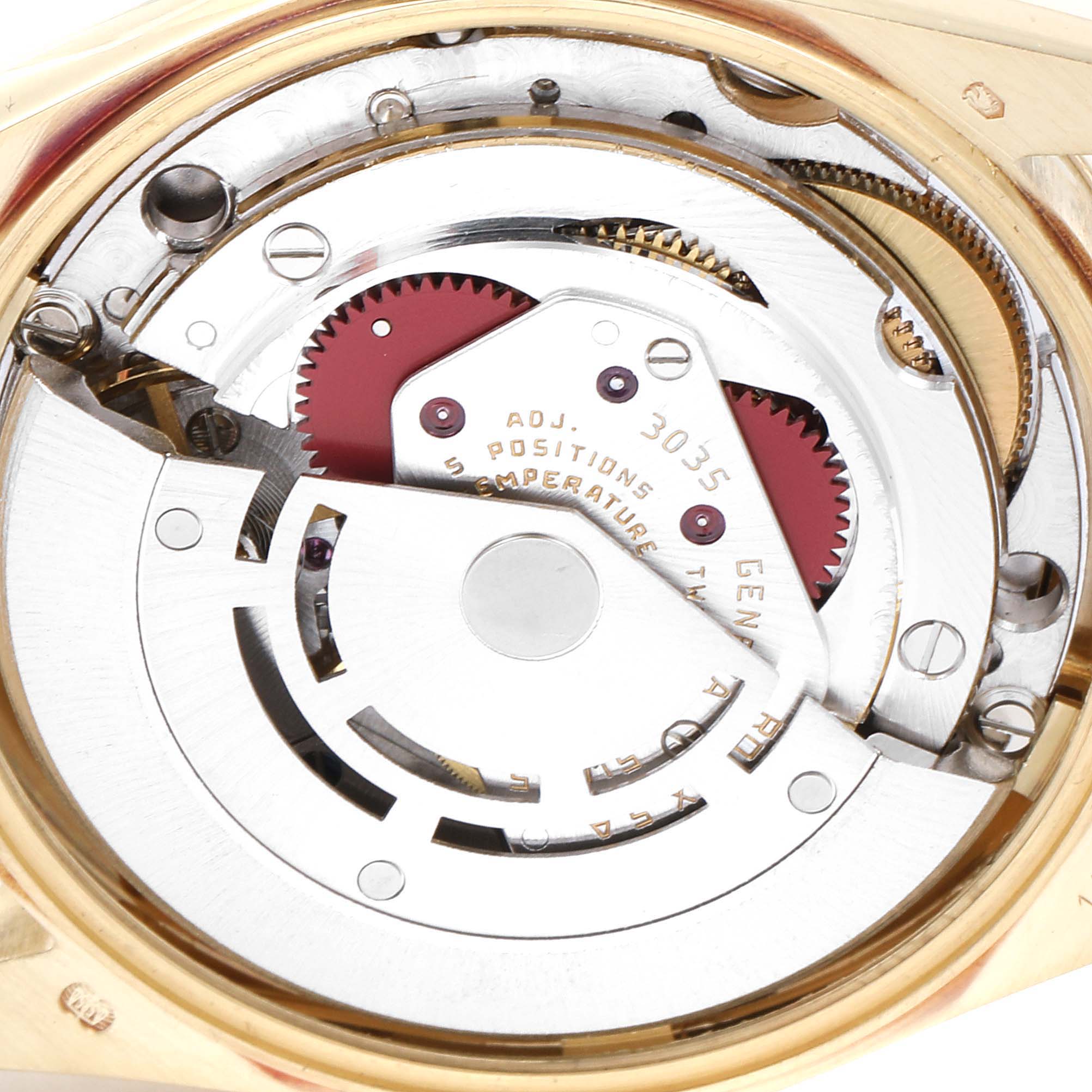 This image shows the inner mechanical movement of a Rolex Date 15037 Men's Yellow Gold Black Dial 15037 Men's Yellow Gold Black Dial model watch from the back.