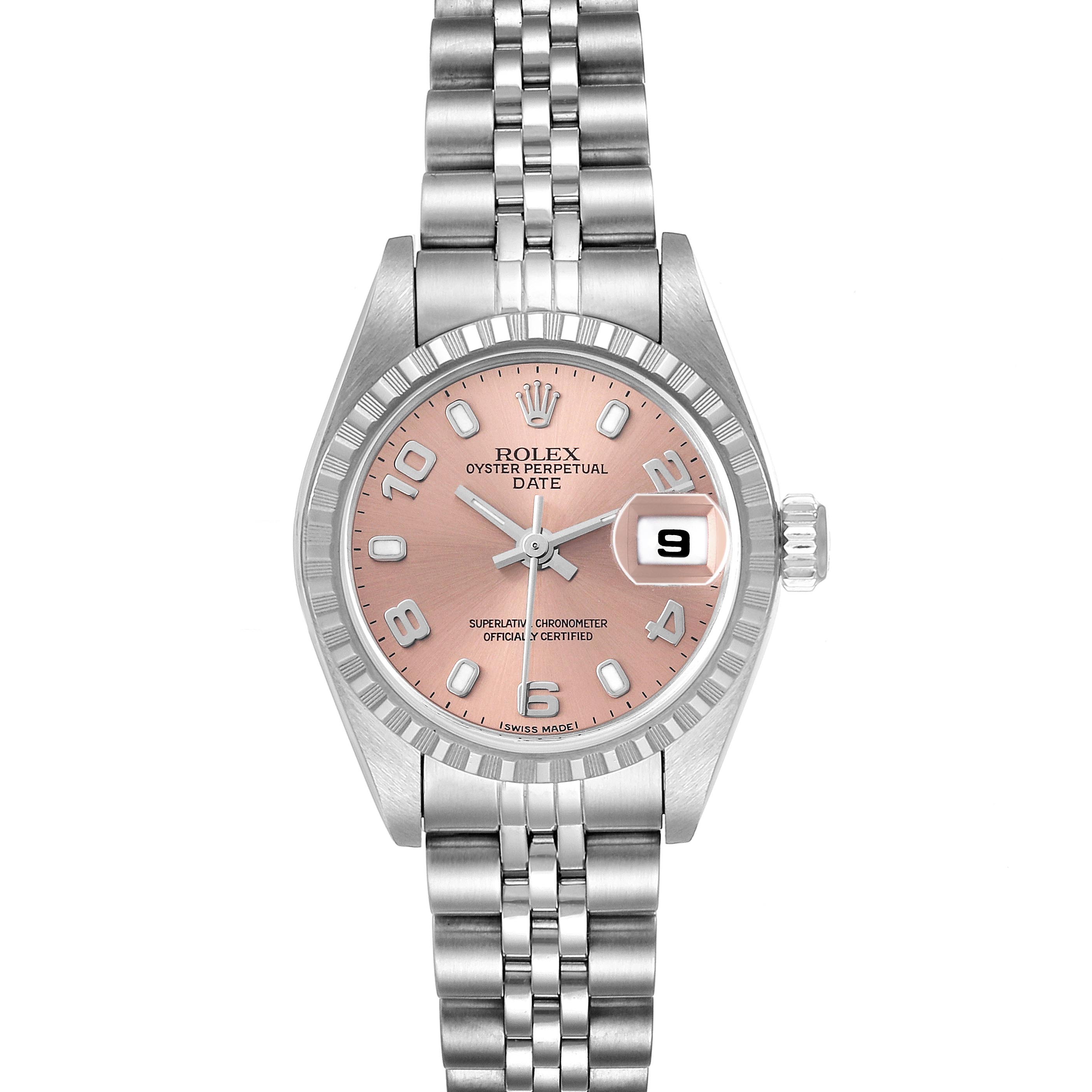 The Rolex Date 79240 Women's Stainless Steel Pink Dial 79240 Women's Stainless Steel Pink Dial watch is shown from the front, highlighting its face, bezel, bracelet, and cyclops lens over the date.