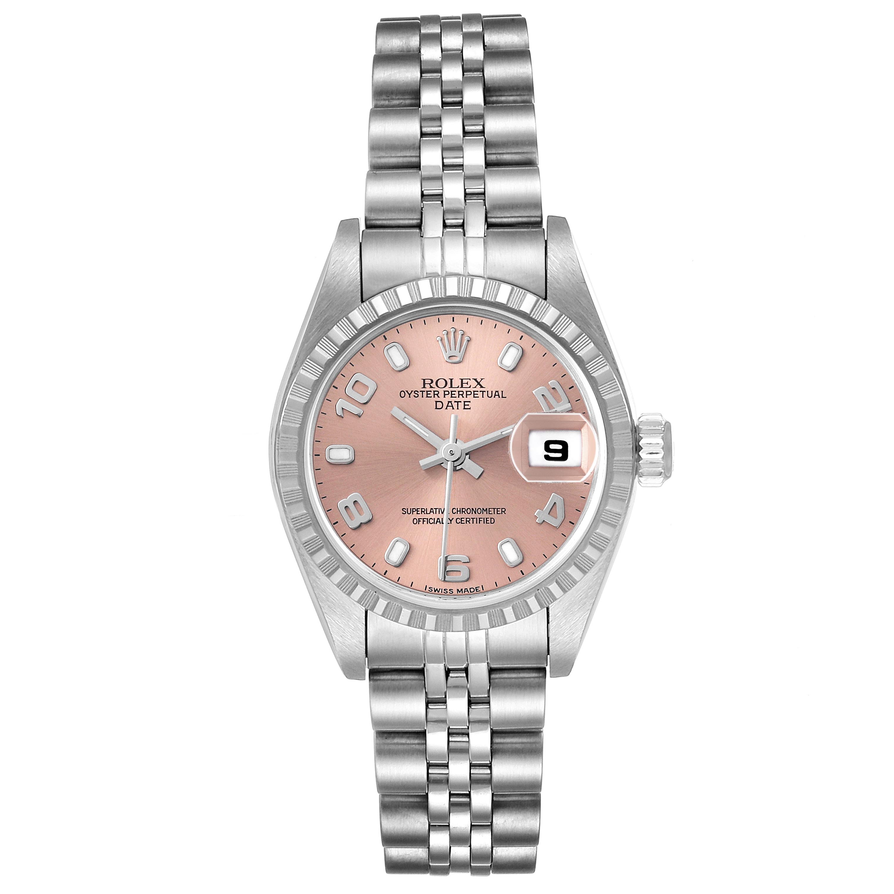 The Rolex Date 79240 Women's Stainless Steel Pink Dial 79240 Women's Stainless Steel Pink Dial watch is shown from a front angle, displaying the dial, bezel, hands, date window, and bracelet.