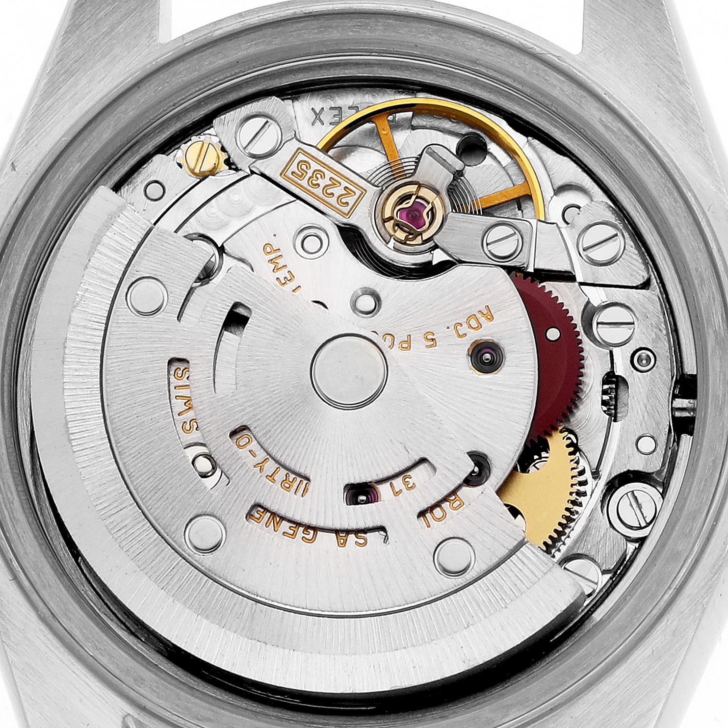The image shows the movement mechanism of a Rolex Date 79240 Women's Stainless Steel Pink Dial 79240 Women's Stainless Steel Pink Dial model watch from a top-down angle.