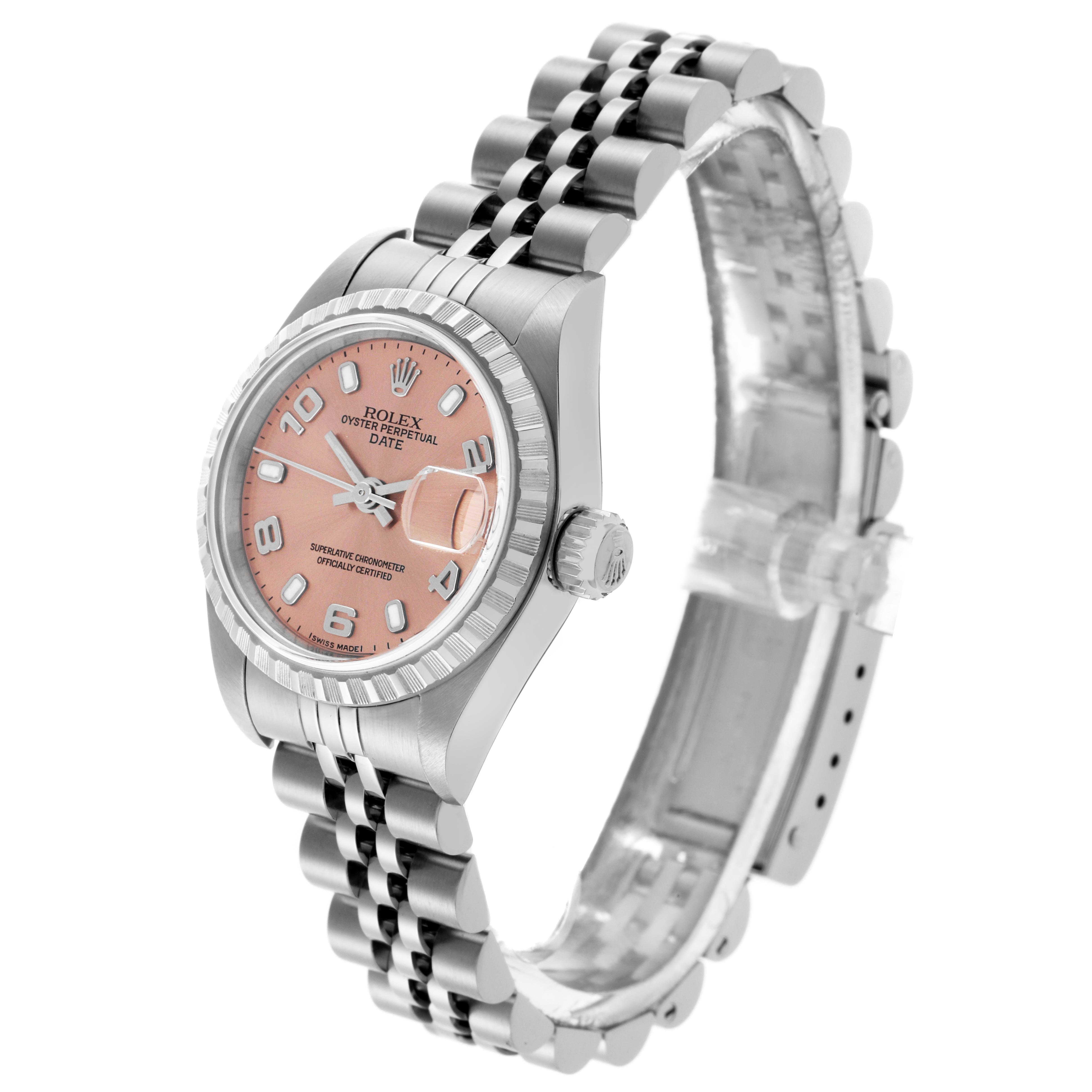 The Rolex Date 79240 Women's Stainless Steel Pink Dial 79240 Women's Stainless Steel Pink Dial watch is shown at a three-quarter angle, displaying the face, crown, and Jubilee bracelet.