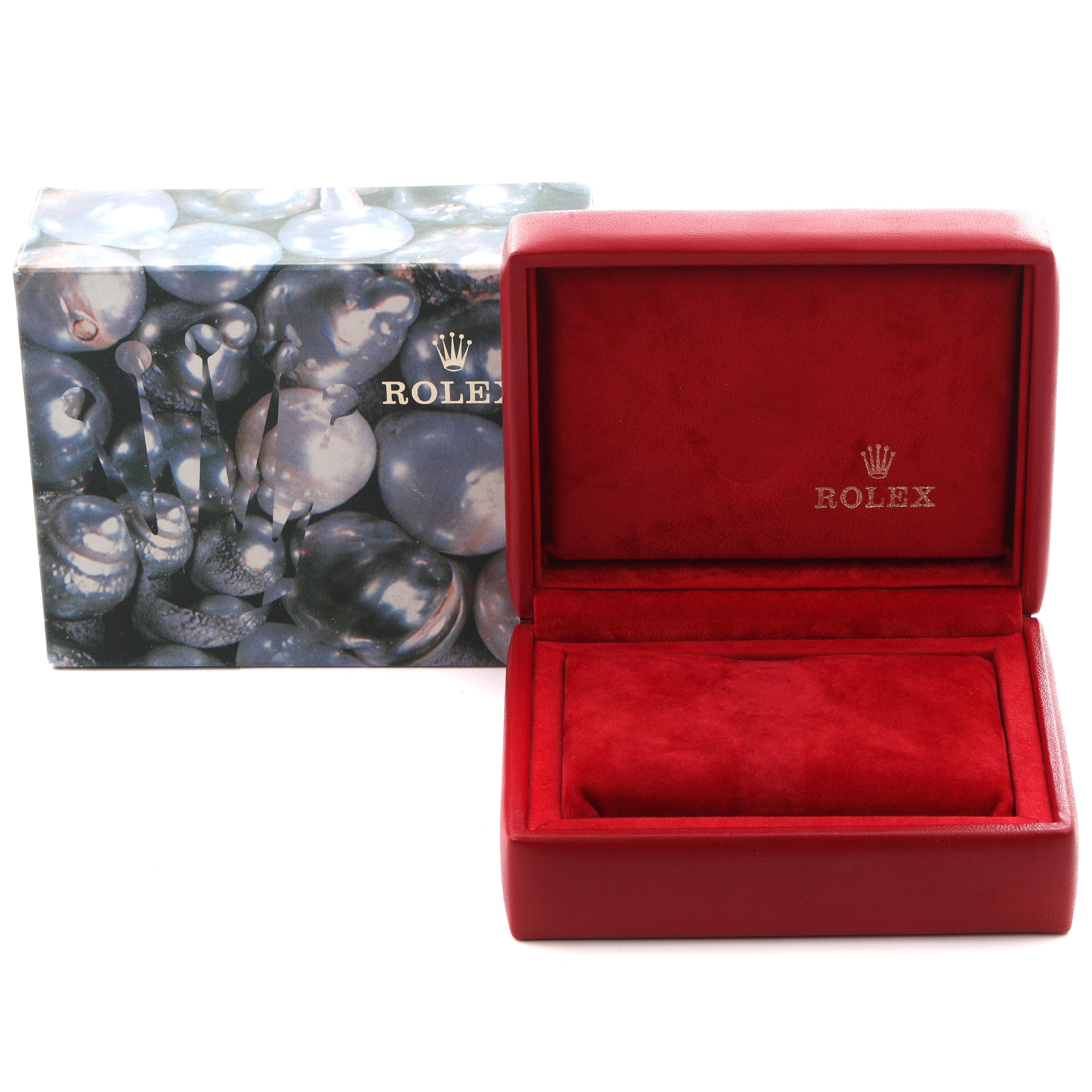 The image shows a Rolex Date 79240 Women's Stainless Steel Pink Dial 79240 Women's Stainless Steel Pink Dial model box and outer sleeve, with an open red interior and visible branding.