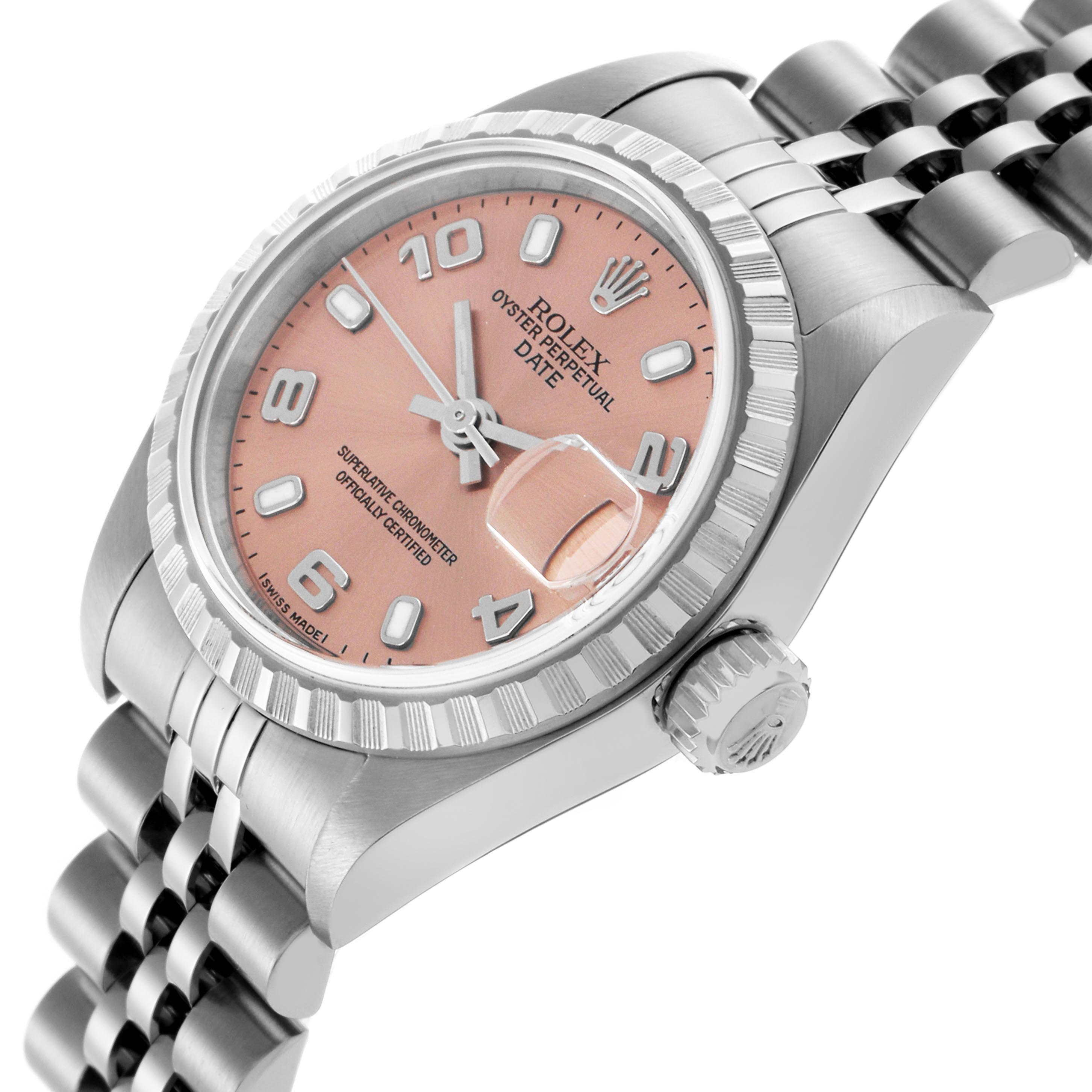 The Rolex Date 79240 Women's Stainless Steel Pink Dial 79240 Women's Stainless Steel Pink Dial model is shown at an angled close-up, highlighting the dial, bezel, crown, and bracelet details.