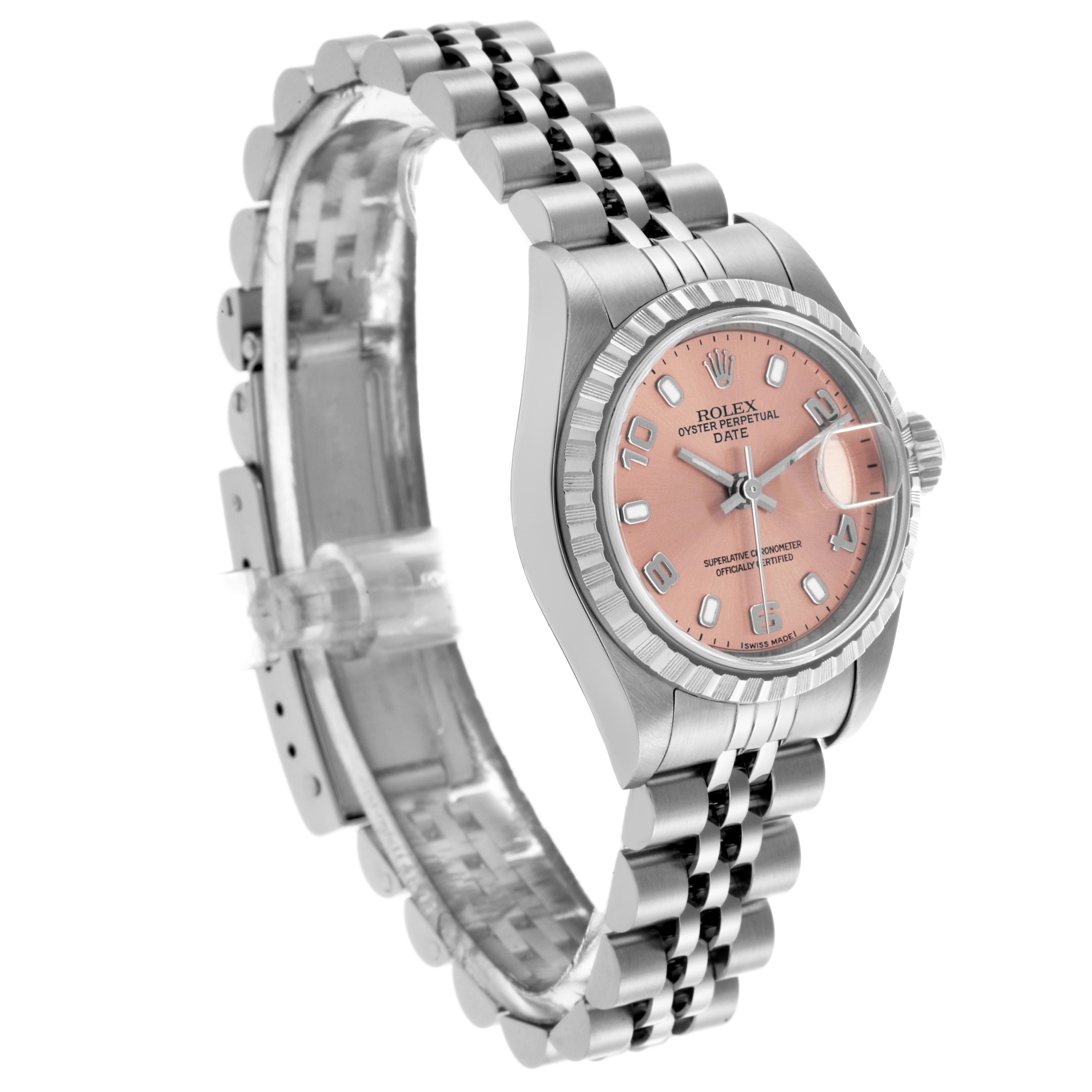The Rolex Date 79240 Women's Stainless Steel Pink Dial 79240 Women's Stainless Steel Pink Dial watch is shown at a three-quarter angle, highlighting the dial, bracelet, and crown.