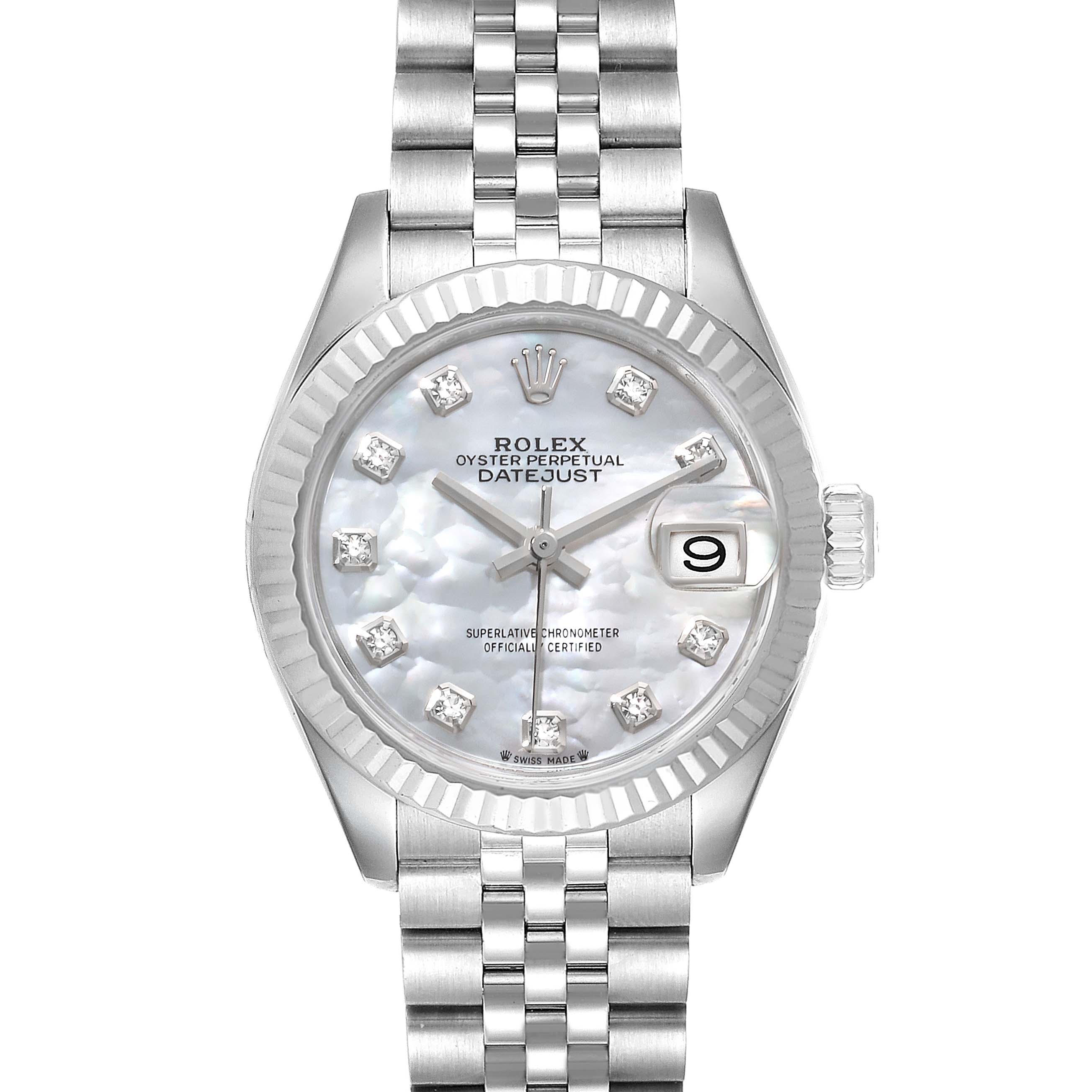 The image shows a front view of a Rolex Datejust 279174 Women's Stainless Steel Mother of Pearl Dial 279174 Women's Stainless Steel Mother of Pearl Dial watch with a mother-of-pearl dial and diamond hour markers.