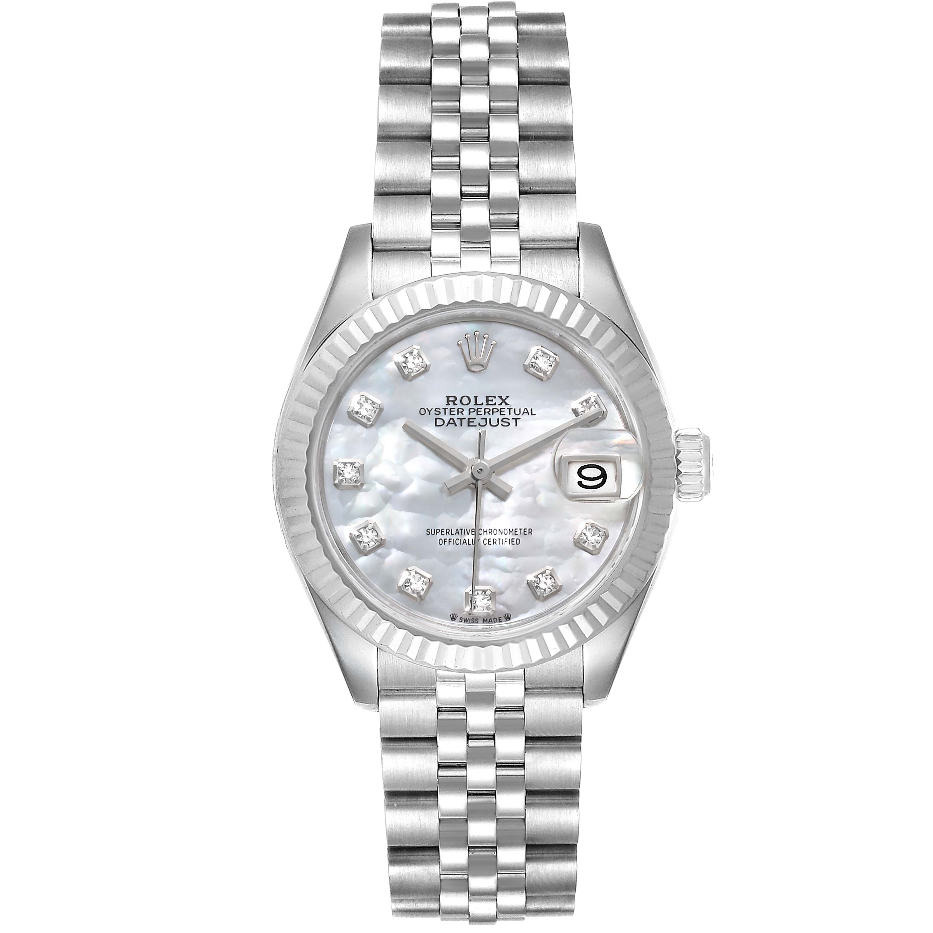 This image shows a front view of the Rolex Datejust 279174 Women's Stainless Steel Mother of Pearl Dial 279174 Women's Stainless Steel Mother of Pearl Dial watch, highlighting the dial, bezel, crown, and bracelet.