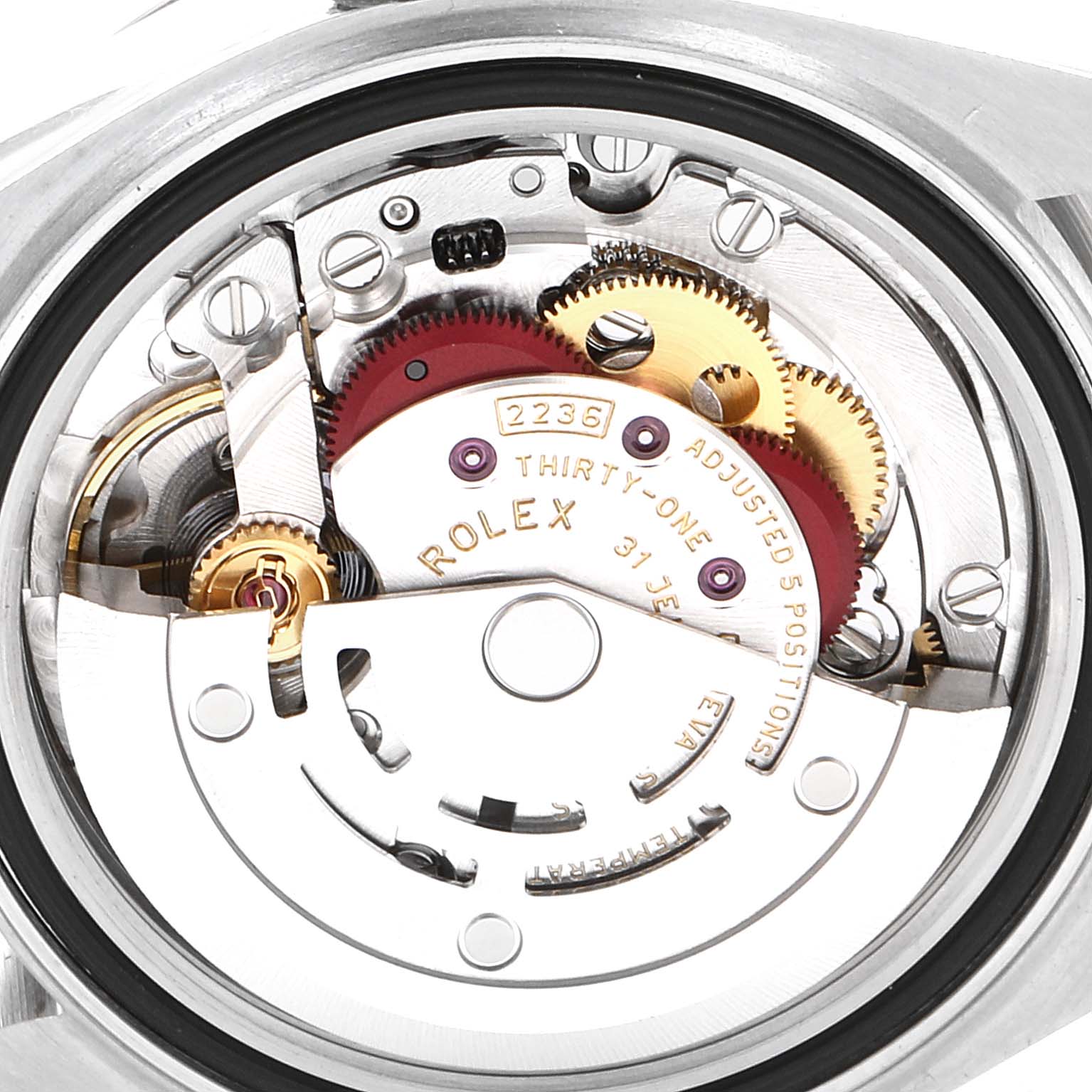 This image shows the internal mechanism and movement of the Rolex Datejust 279174 Women's Stainless Steel Mother of Pearl Dial 279174 Women's Stainless Steel Mother of Pearl Dial watch from the back.