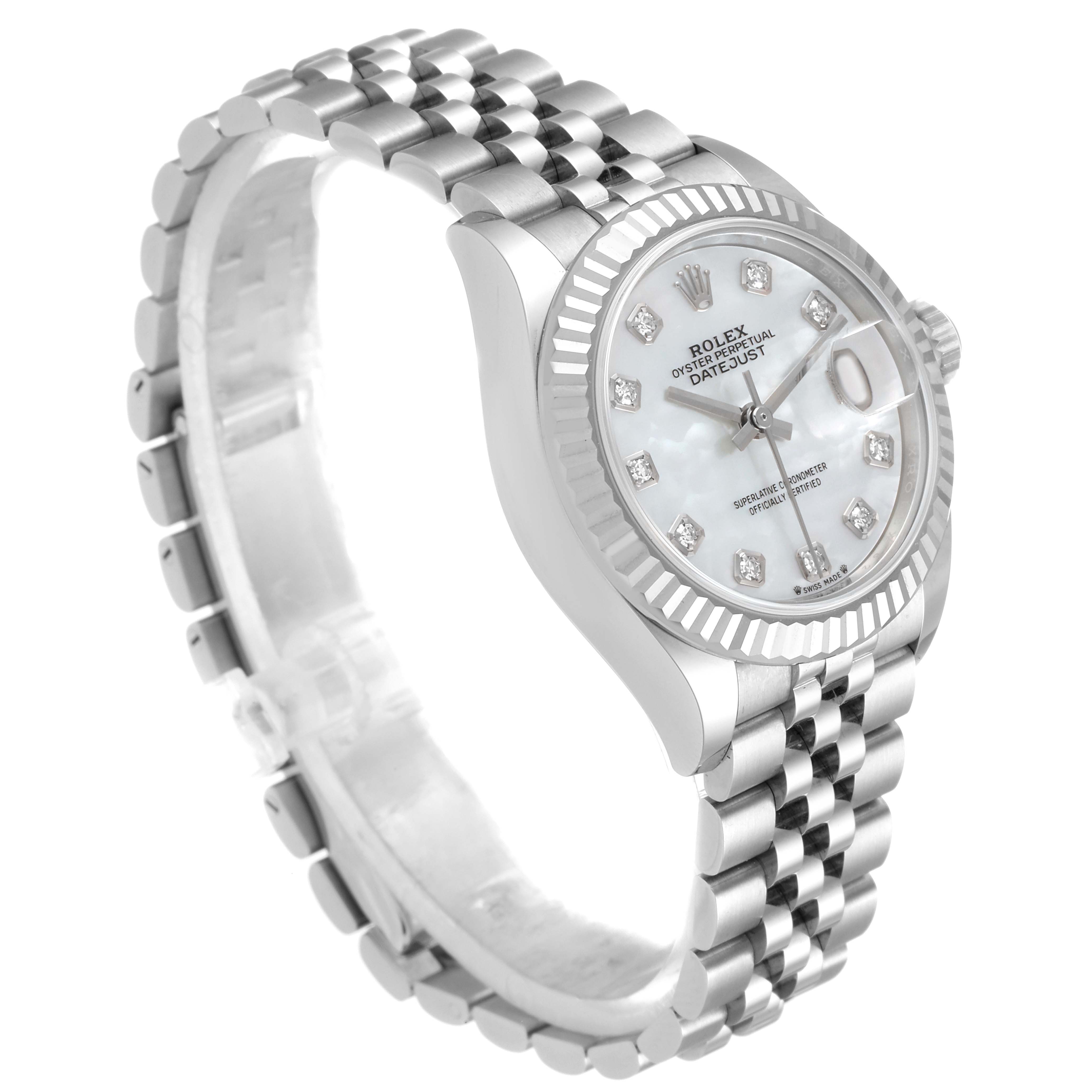 The image shows a Rolex Datejust 279174 Women's Stainless Steel Mother of Pearl Dial 279174 Women's Stainless Steel Mother of Pearl Dial watch at a three-quarter angle, highlighting the dial, bezel, and bracelet.