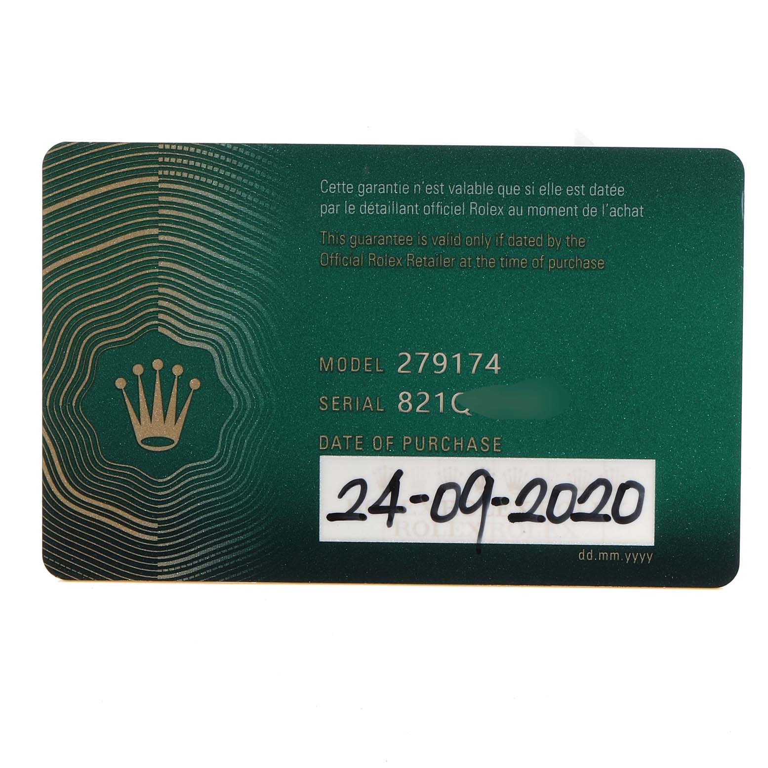 This image shows the warranty card with model and serial numbers for a Rolex Datejust 279174 Women's Stainless Steel Mother of Pearl Dial 279174 Women's Stainless Steel Mother of Pearl Dial.