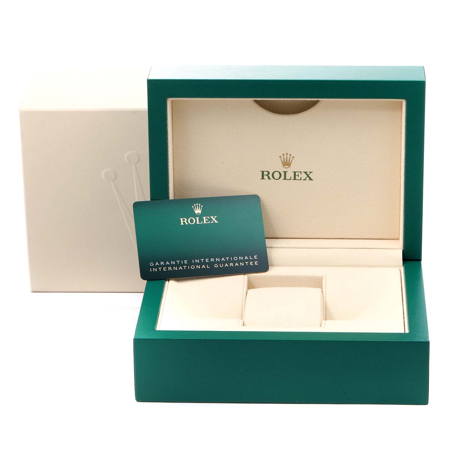 The image shows a Rolex Datejust 279174 Women's Stainless Steel Mother of Pearl Dial 279174 Women's Stainless Steel Mother of Pearl Dial watch box and international guarantee card standing on the edge of the open box.