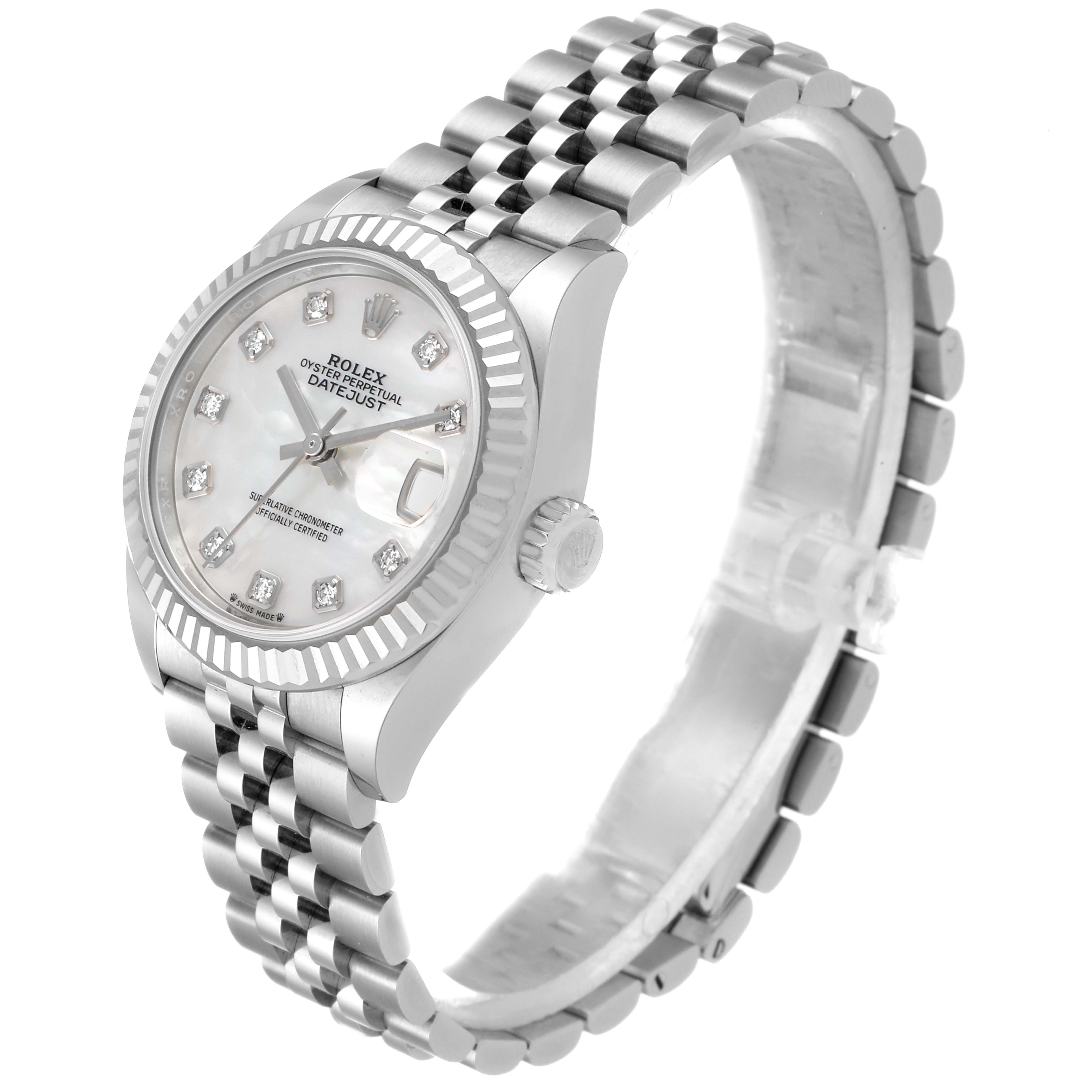 The image shows a Rolex Datejust 279174 Women's Stainless Steel Mother of Pearl Dial 279174 Women's Stainless Steel Mother of Pearl Dial watch at an angled view, highlighting the dial, bezel, crown, and part of the bracelet.