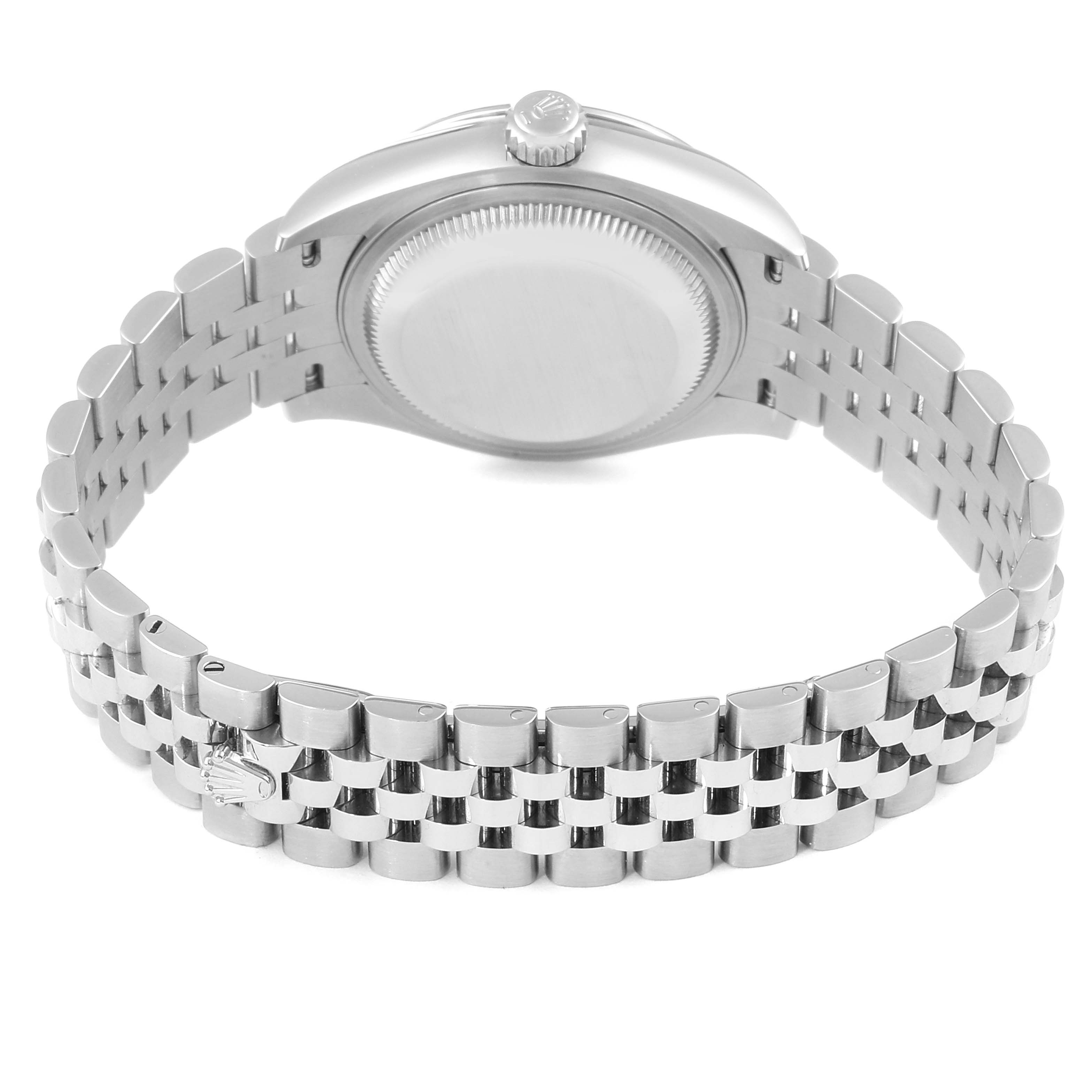 This image shows the back and bracelet of the Rolex Datejust 279174 Women's Stainless Steel Mother of Pearl Dial 279174 Women's Stainless Steel Mother of Pearl Dial watch, highlighting the stainless steel case and Jubilee bracelet.