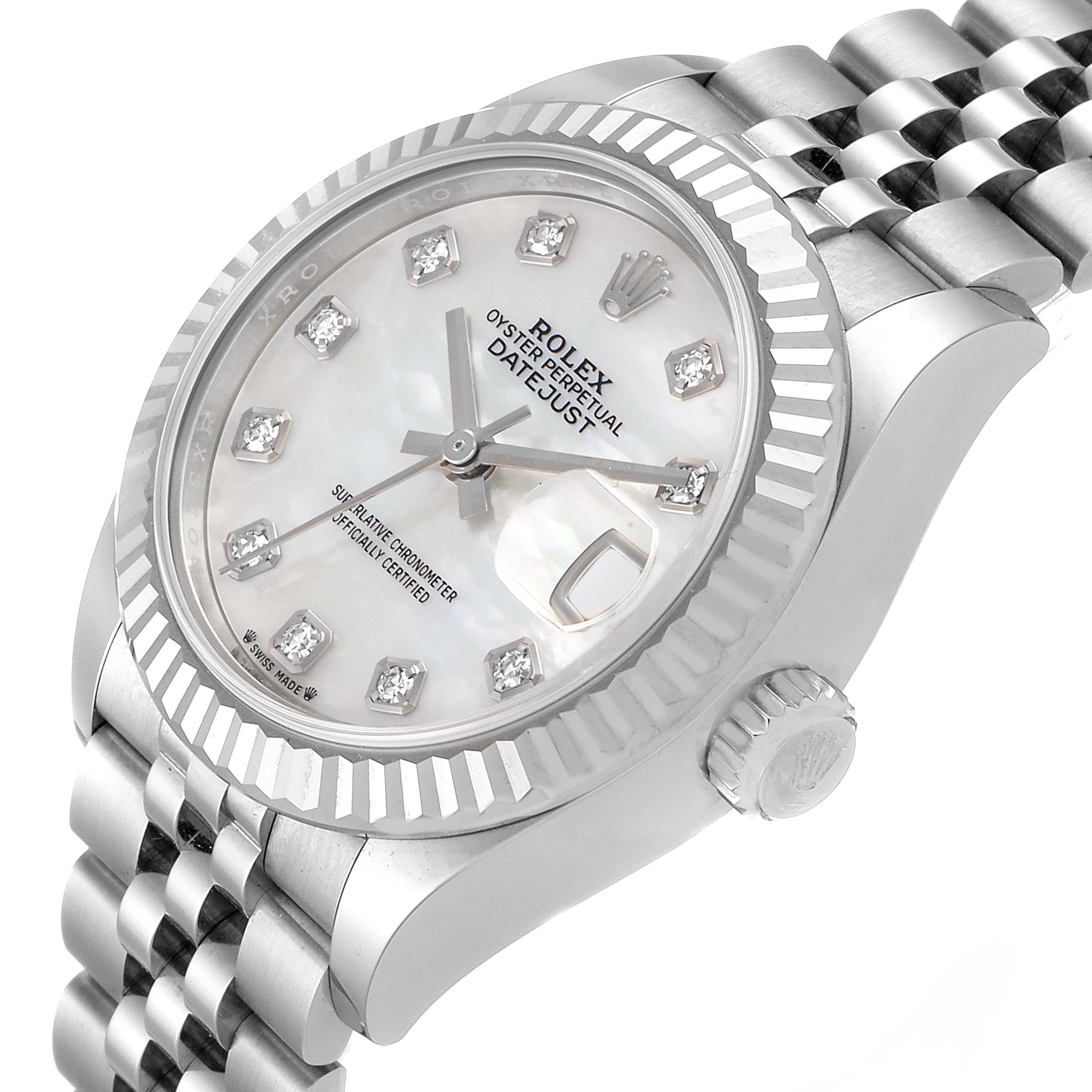 This image captures a close-up angled view of the Rolex Datejust 279174 Women's Stainless Steel Mother of Pearl Dial 279174 Women's Stainless Steel Mother of Pearl Dial watch, showcasing its face, bezel, crown, and part of the bracelet.