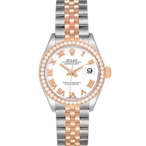 The Rolex Datejust 279381 Women's Stainless Steel White Dial watch is shown from a direct front view, displaying its bezel, dial, bracelet, and date window.