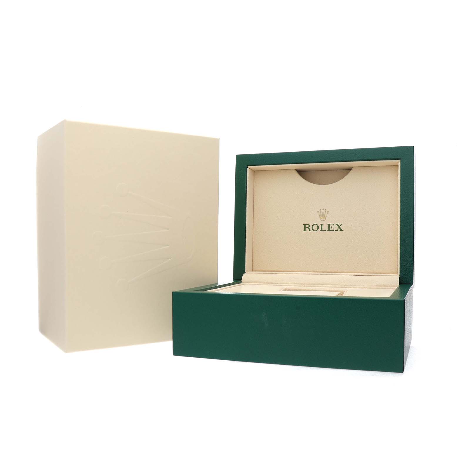 The image shows an open Rolex Datejust 279381 Women's Stainless Steel White Dial watch box and its outer box at an angled side view.