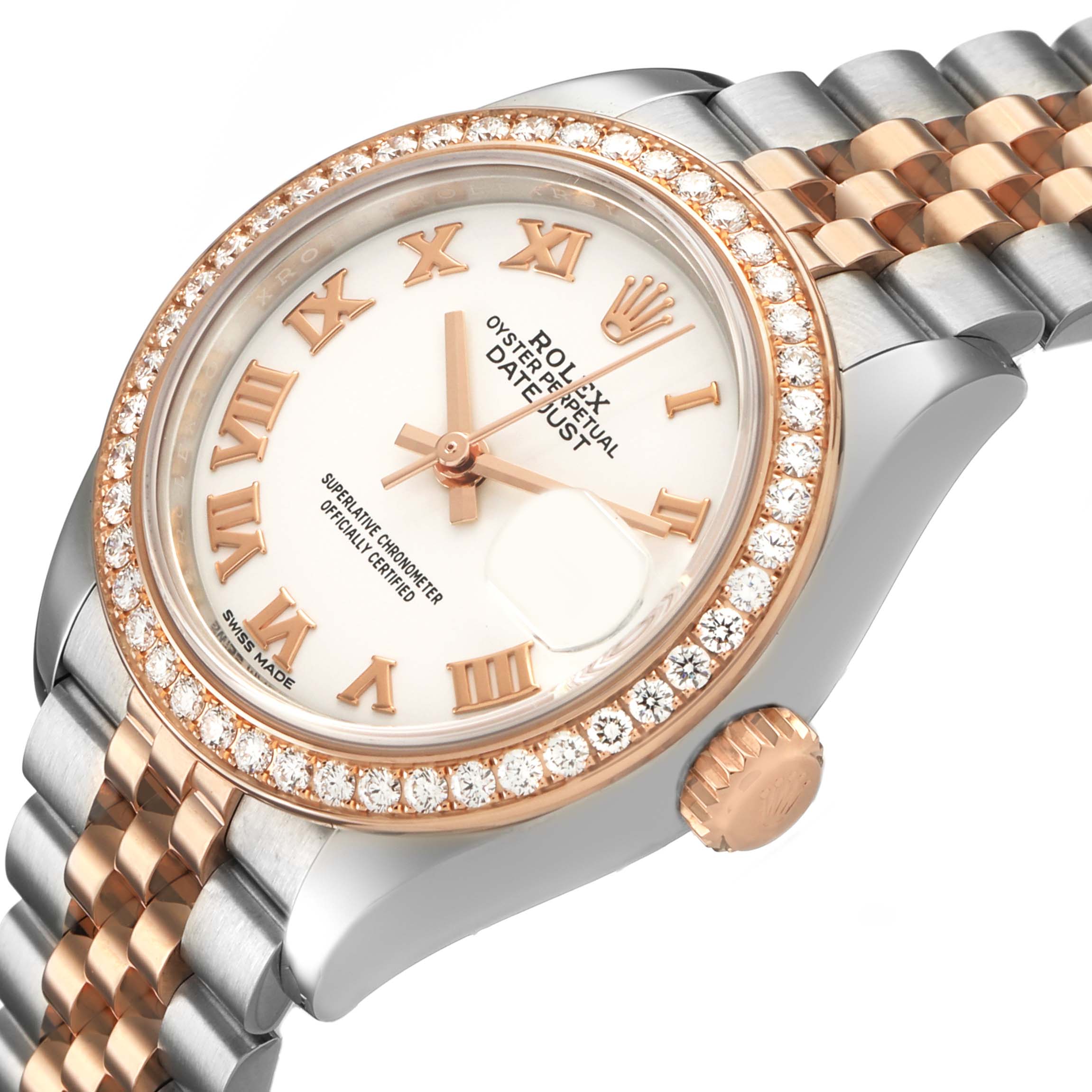 The Rolex Datejust 279381 Women's Stainless Steel White Dial watch is shown at an angled close-up, featuring the bezel, crown, bracelet, and dial with Roman numerals and diamonds.