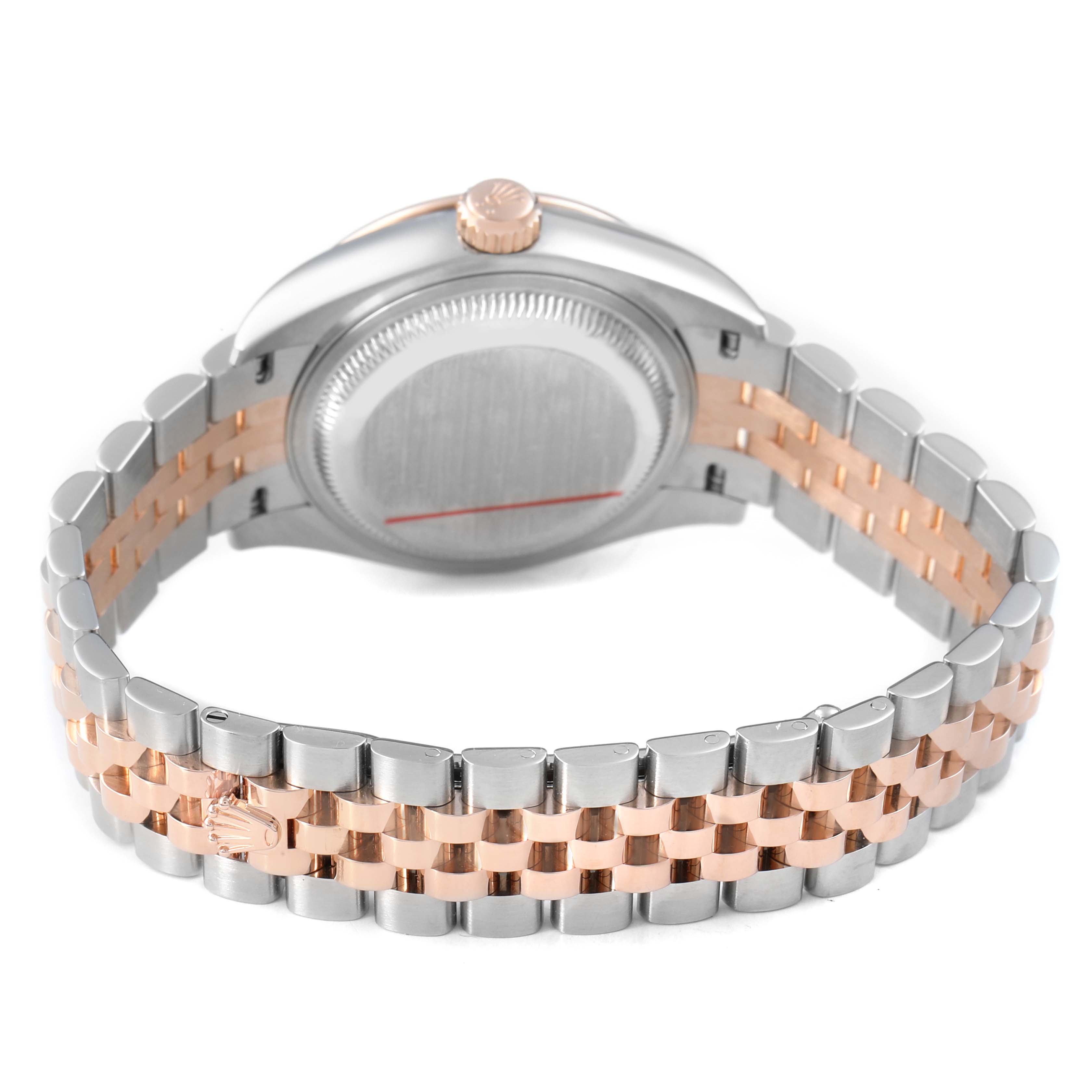The image shows the back and bracelet of the Rolex Datejust 279381 Women's Stainless Steel White Dial watch at an angle, highlighting the two-tone metal design.