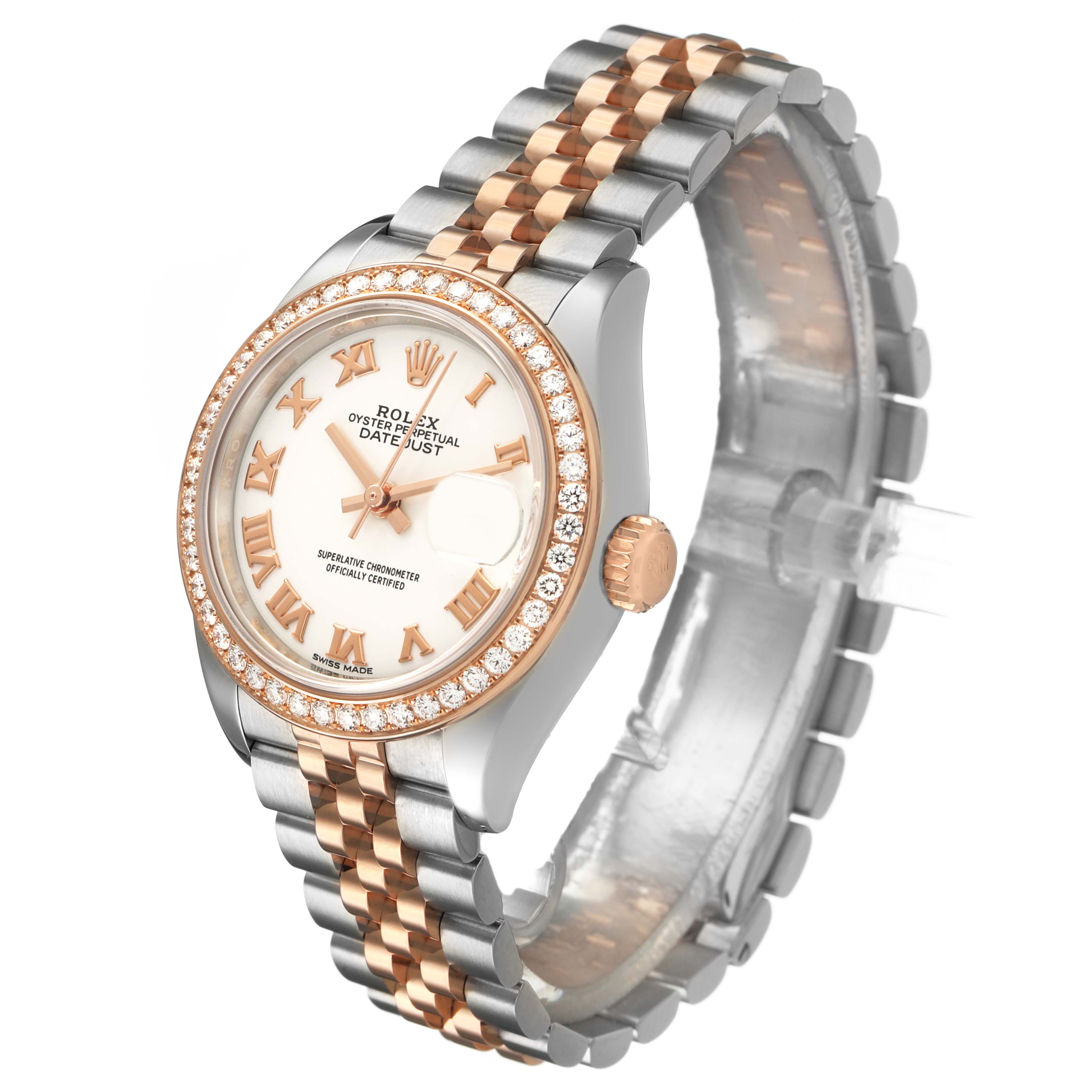 The Rolex Datejust 279381 Women's Stainless Steel White Dial watch is shown at a three-quarter angle, highlighting the diamond bezel, dial, and two-tone bracelet.
