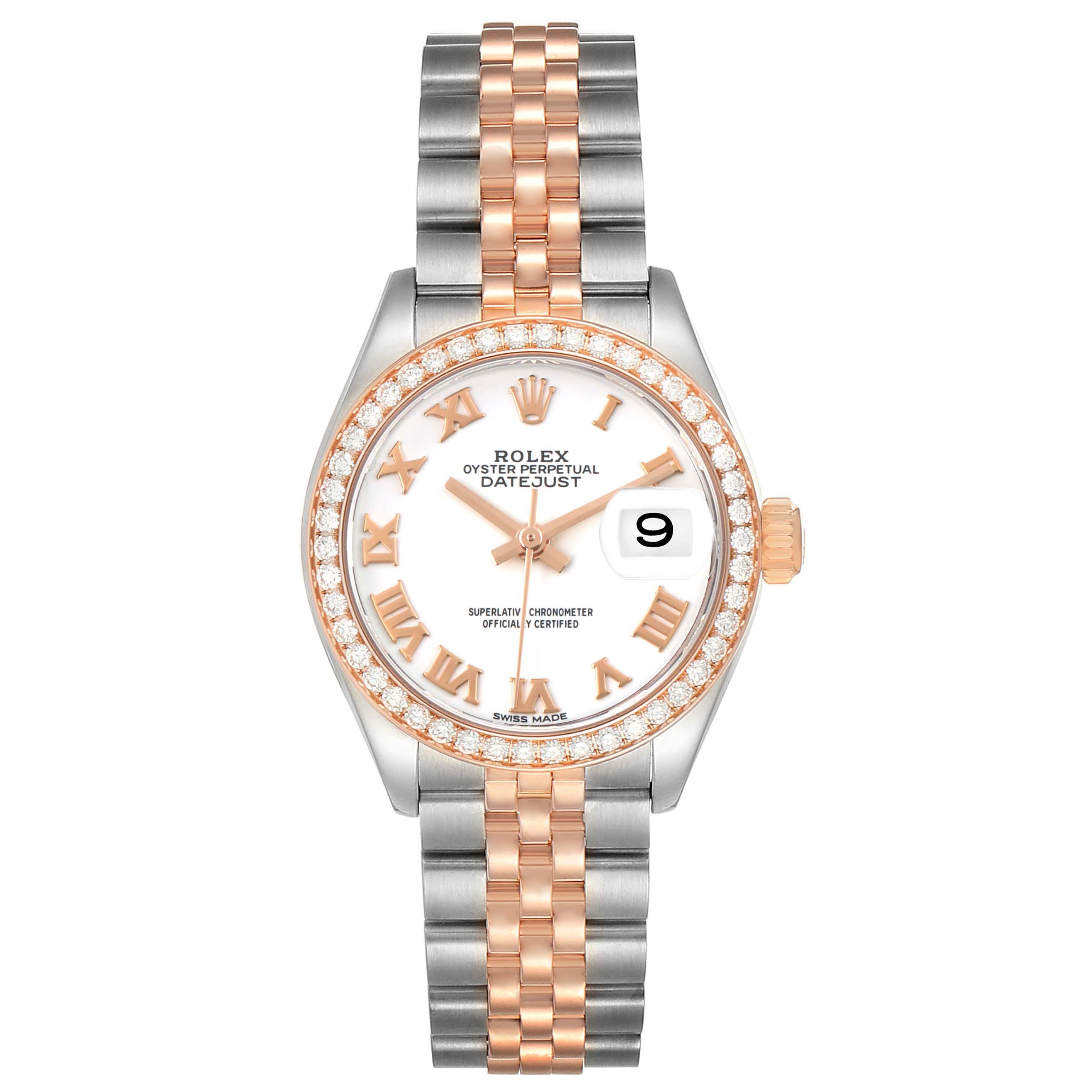 The Rolex Datejust 279381 Women's Stainless Steel White Dial watch is shown from a front angle, displaying the dial, bezel, and two-tone bracelet.