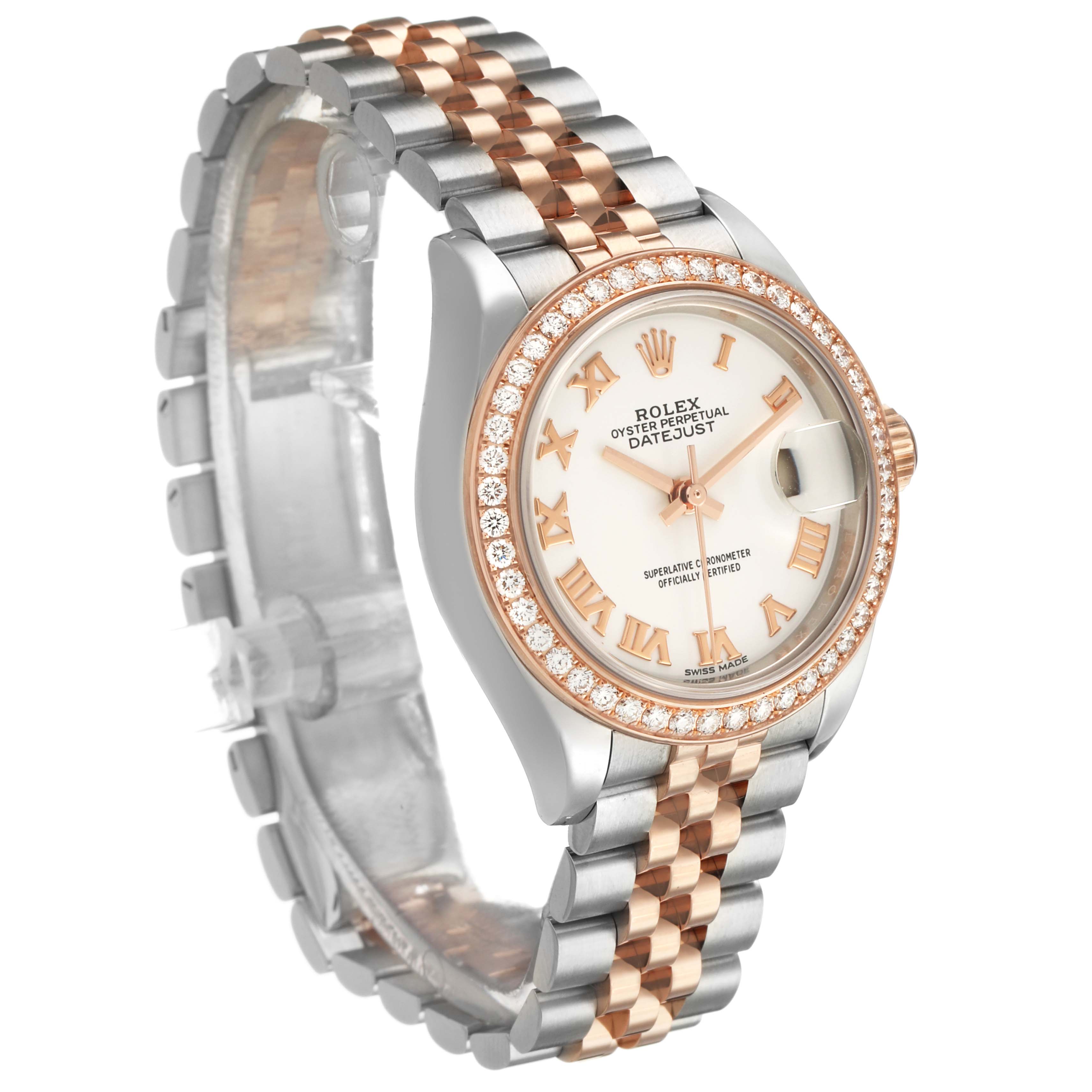 The image shows a Rolex Datejust 279381 Women's Stainless Steel White Dial at a 3/4 angle, displaying the watch face, bezel with diamonds, and two-tone bracelet.
