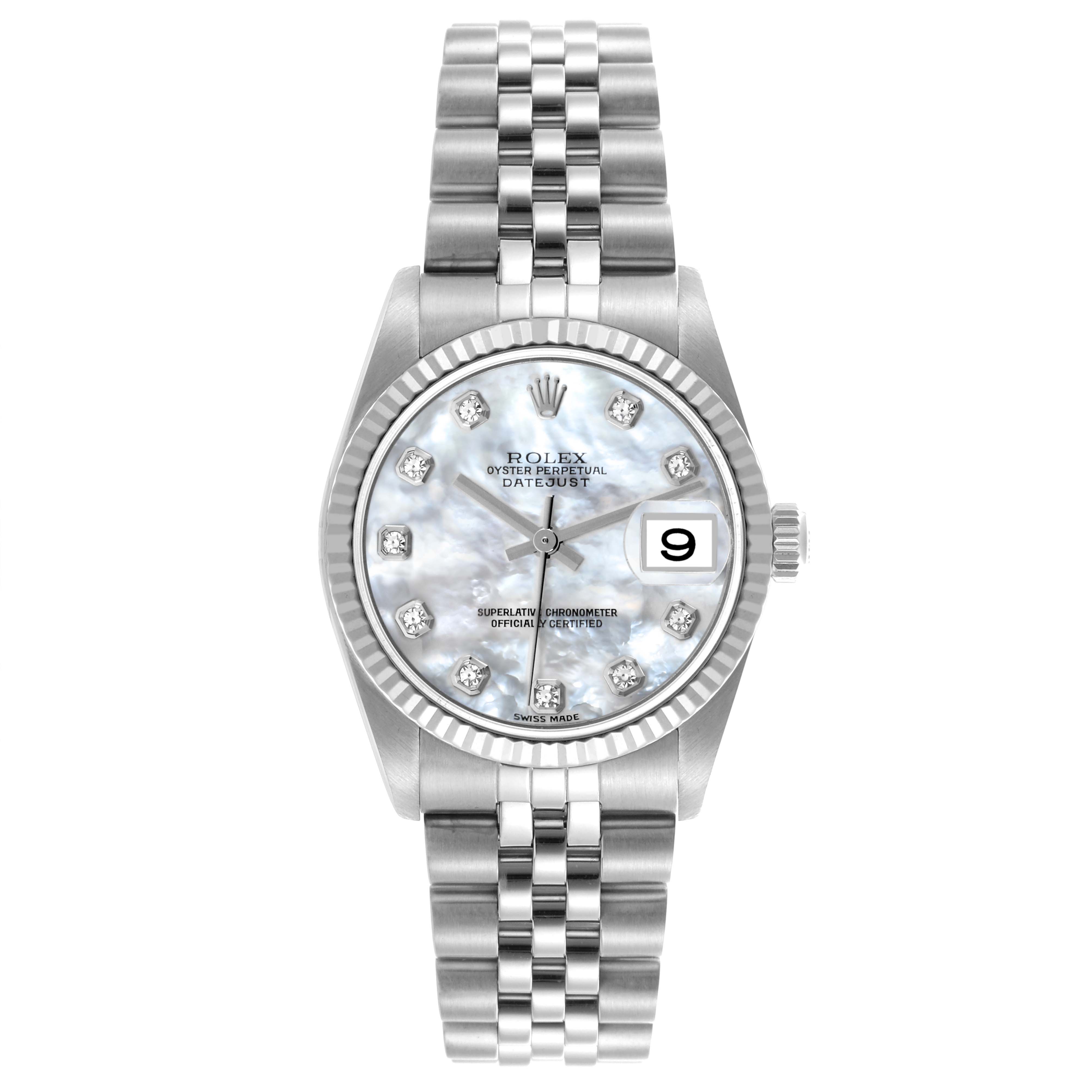 The Rolex Mid-Size 78274 Women's Stainless Steel Mother of Pearl Dial 78274 Women's Stainless Steel Mother of Pearl Dial model is shown from the front, displaying the dial, bezel, bracelet, and crown.