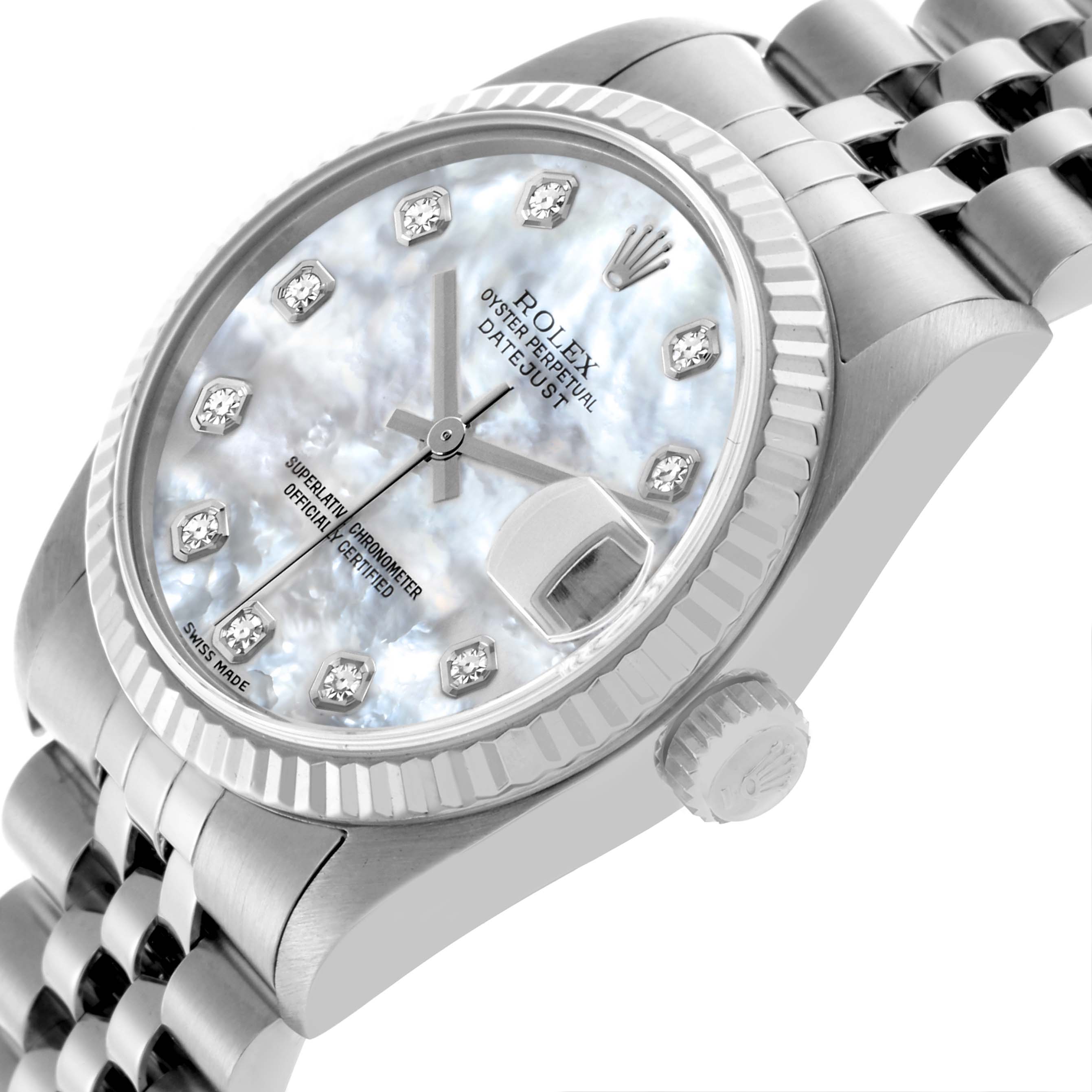 The Rolex Mid-Size 78274 Women's Stainless Steel Mother of Pearl Dial 78274 Women's Stainless Steel Mother of Pearl Dial watch is shown at an angled close-up, displaying the dial, bezel, crown, and part of the bracelet.