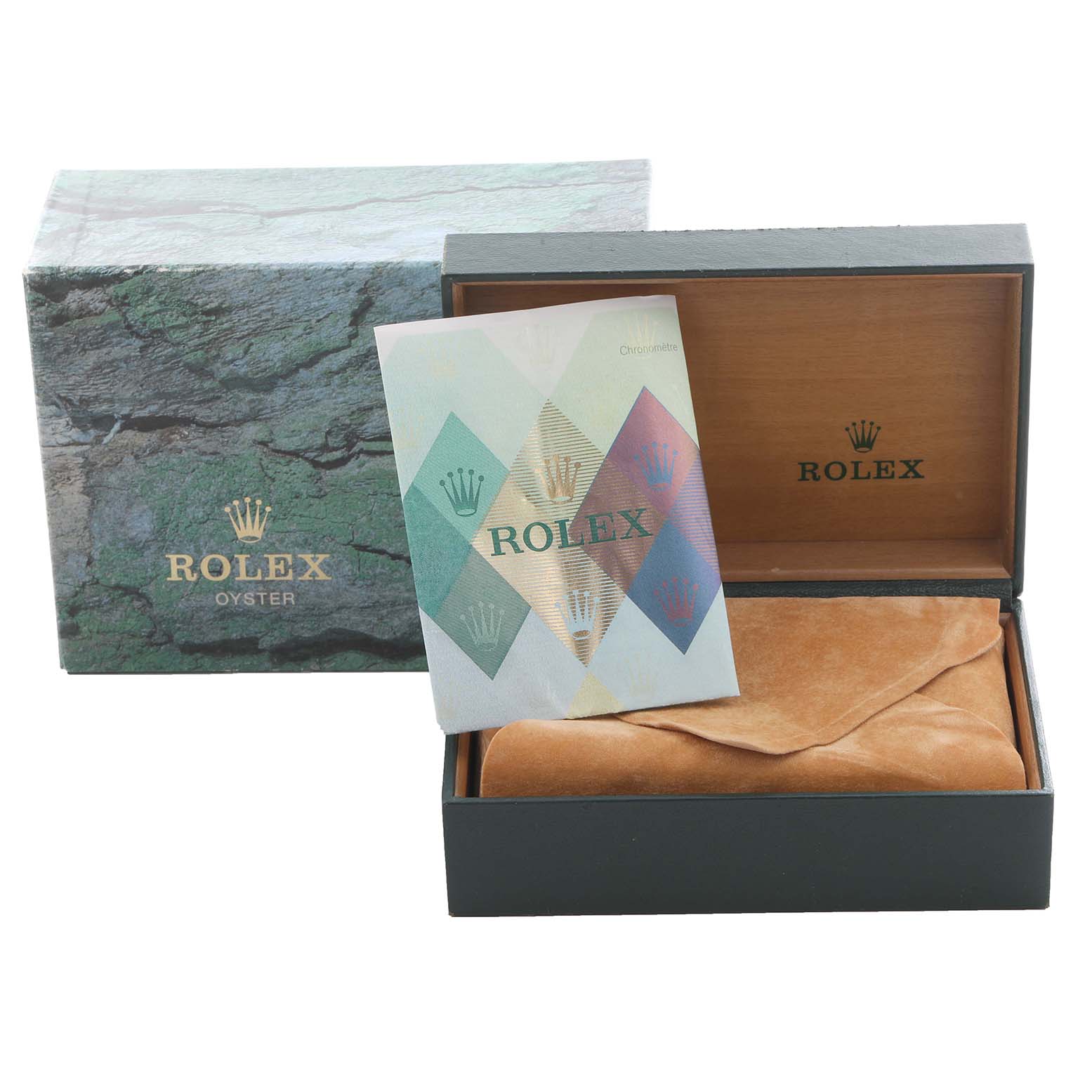 The image shows a Rolex Oyster Mid-Size watch box, open with cushioning and a brochure, viewed from the front.