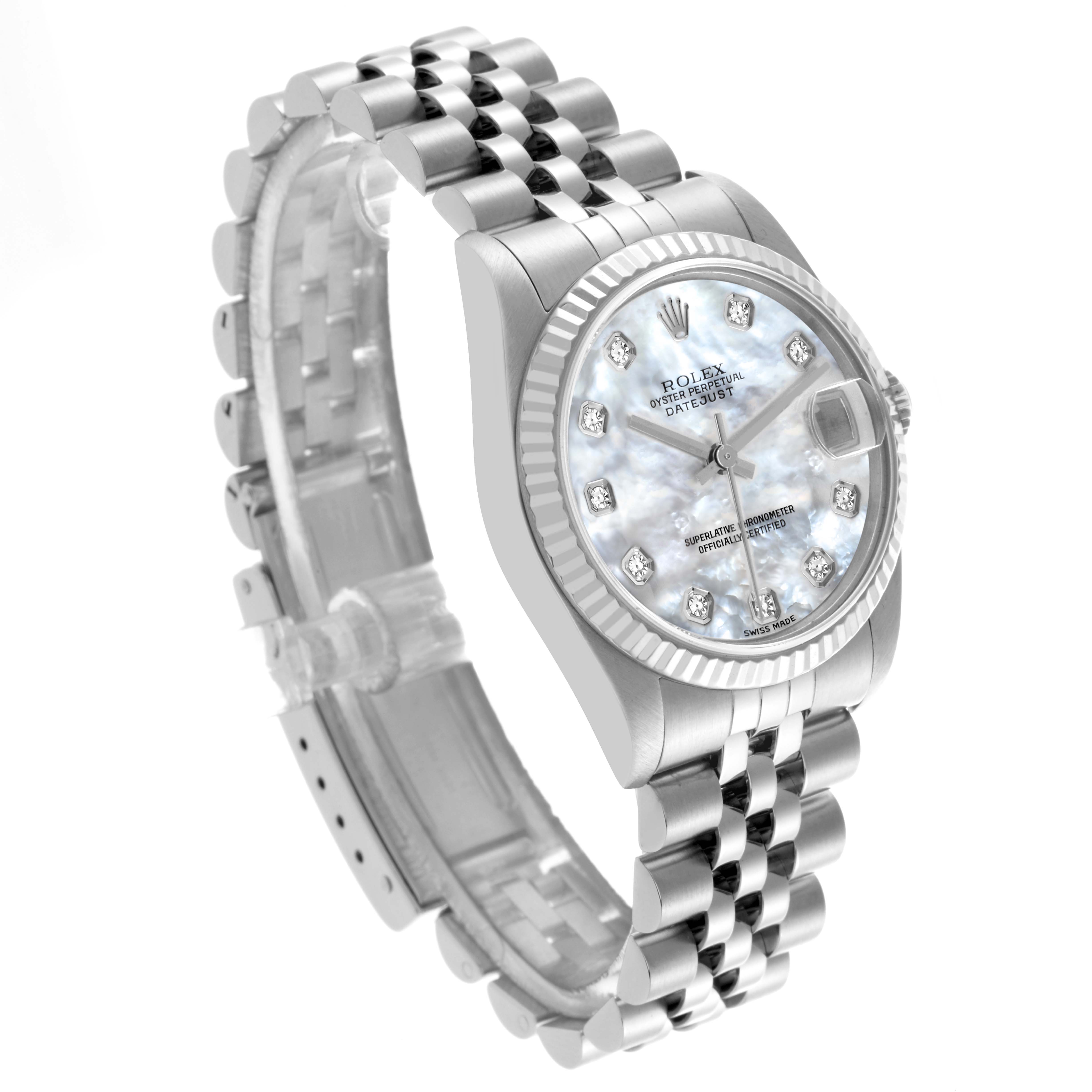 The Rolex Mid-Size 78274 Women's Stainless Steel Mother of Pearl Dial 78274 Women's Stainless Steel Mother of Pearl Dial watch is shown at an angle highlighting the face, bezel, and Jubilee bracelet.