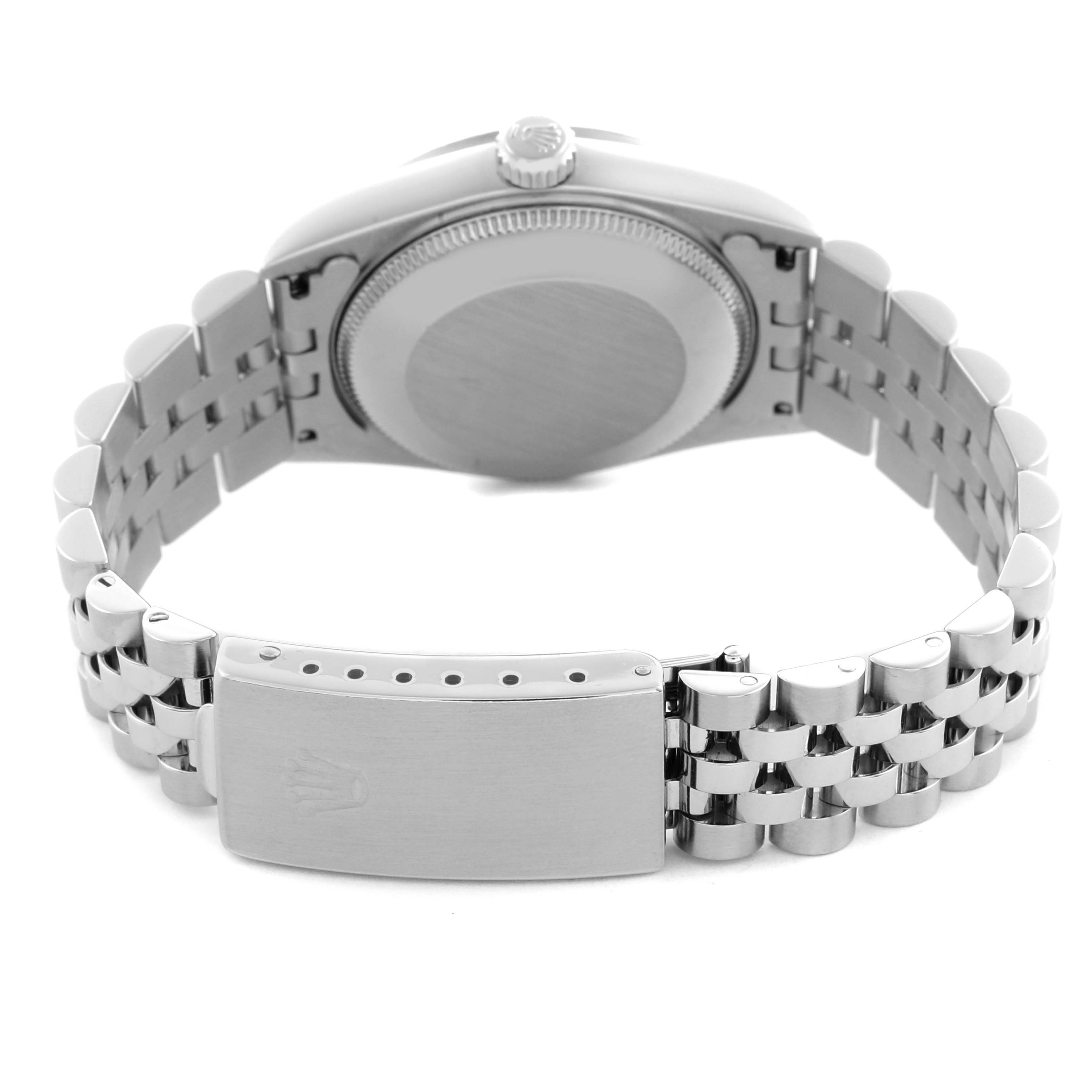 The image shows the back and clasp of a Rolex Mid-Size 78274 Women's Stainless Steel Mother of Pearl Dial 78274 Women's Stainless Steel Mother of Pearl Dial model, highlighting the bracelet and case back.