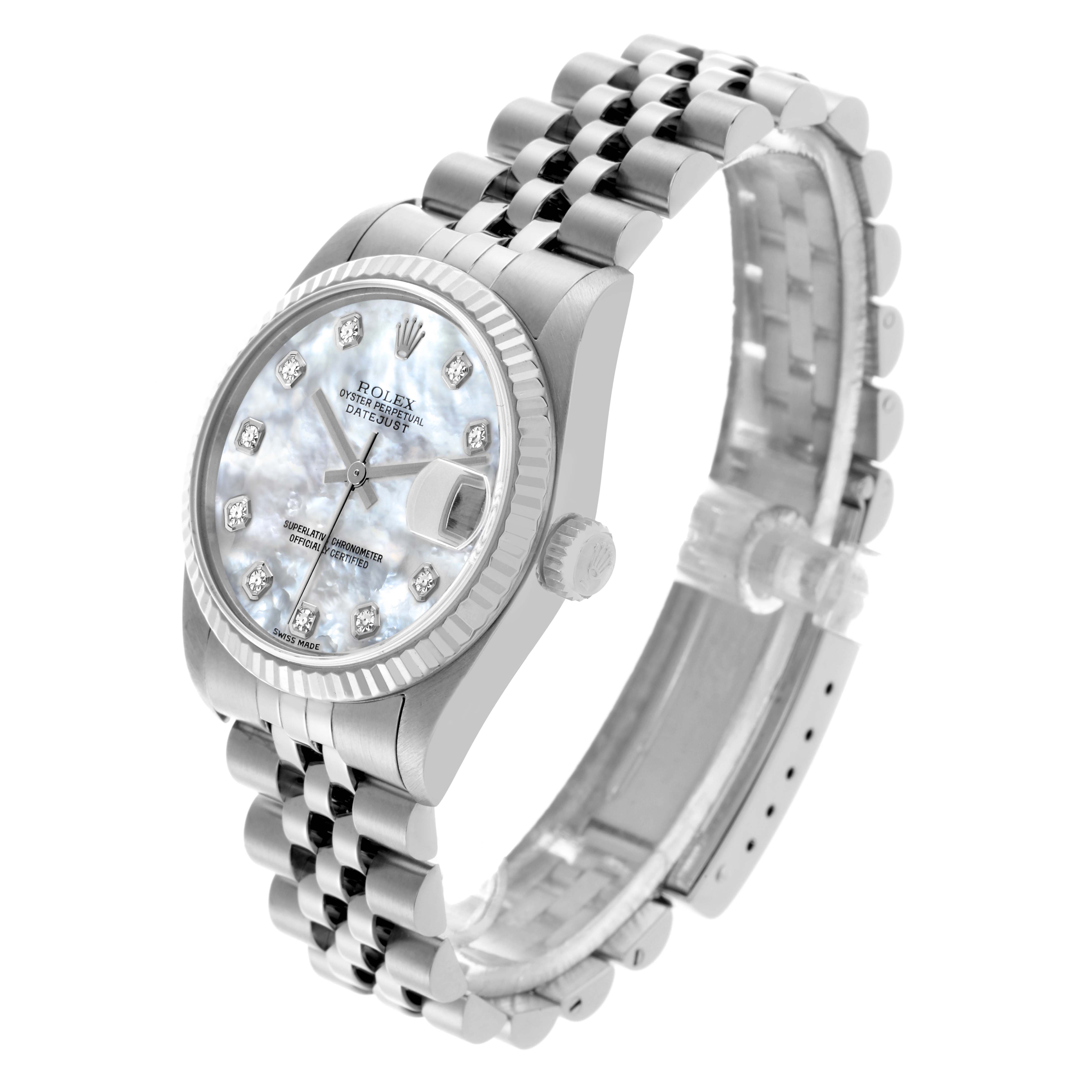 The Rolex Mid-Size 78274 Women's Stainless Steel Mother of Pearl Dial 78274 Women's Stainless Steel Mother of Pearl Dial watch is shown from a three-quarter view, highlighting the face, bezel, bracelet, and crown.
