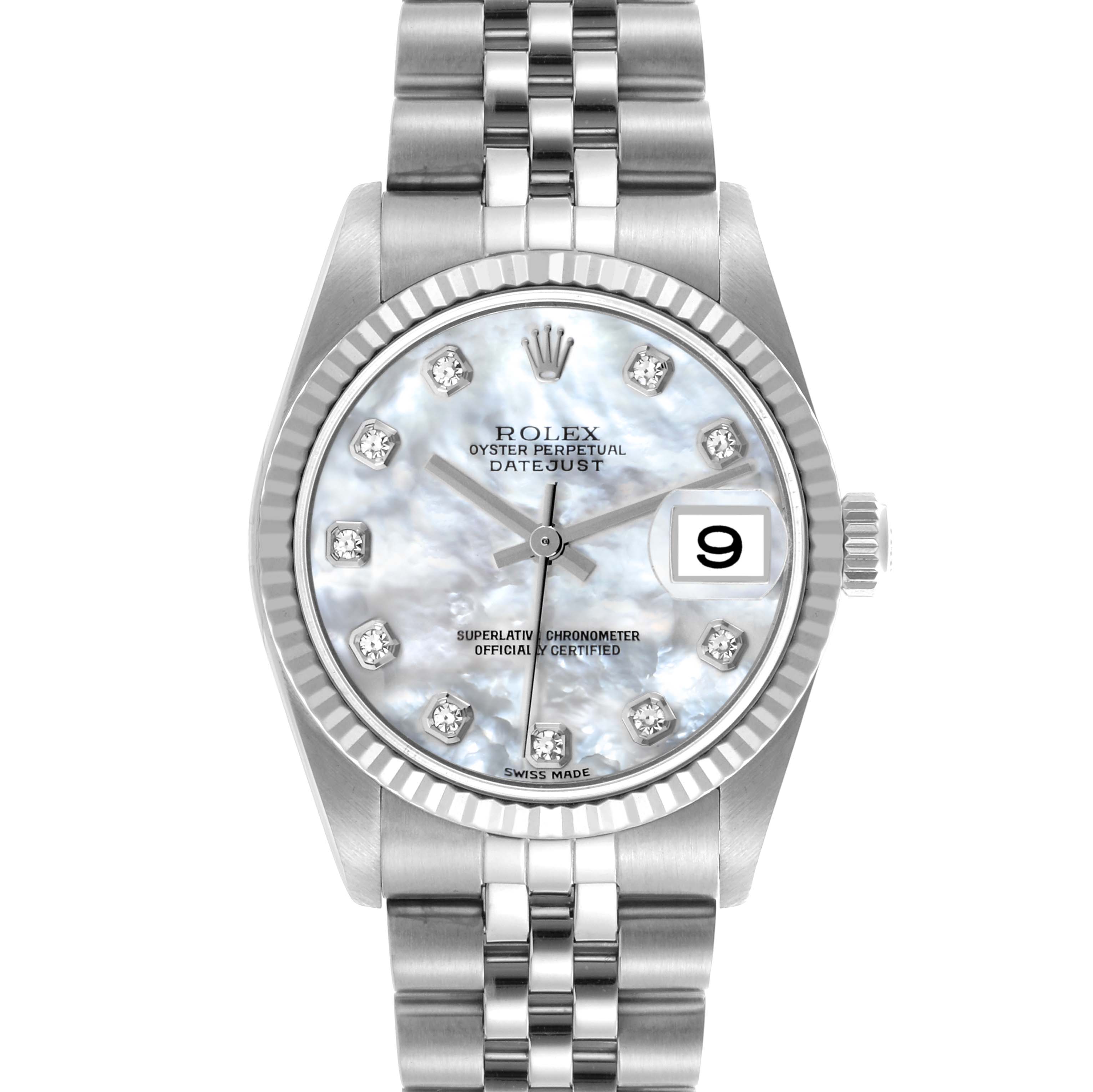 This Rolex Mid-Size 78274 Women's Stainless Steel Mother of Pearl Dial 78274 Women's Stainless Steel Mother of Pearl Dial watch is shown from a top-down angle, displaying its face, bezel, dial, and part of the bracelet.