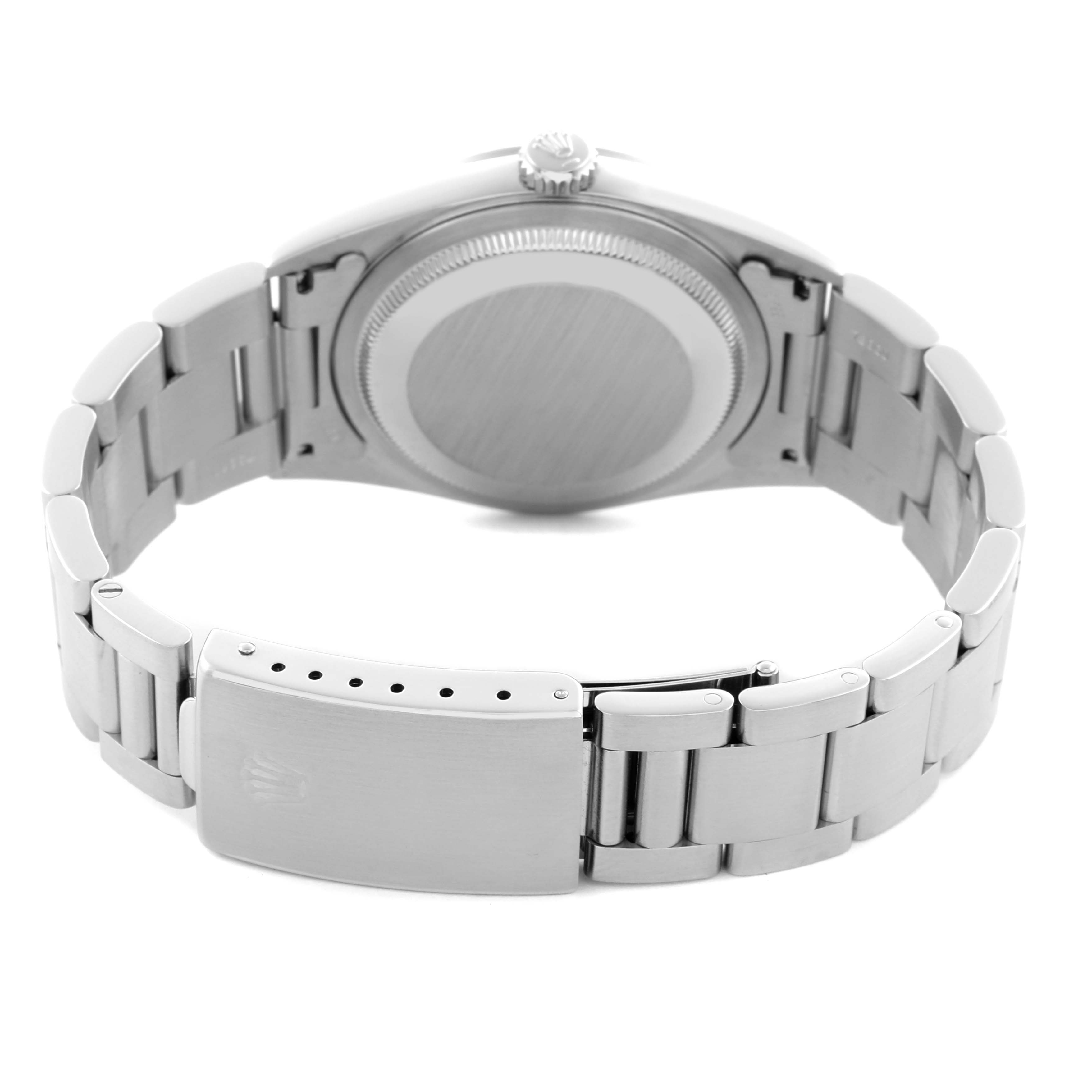 The image shows the back of a Rolex Datejust 16200 Men's Stainless Steel Pink Dial 16200 Men's Stainless Steel Pink Dial watch, featuring its clasp, case back, and bracelet.