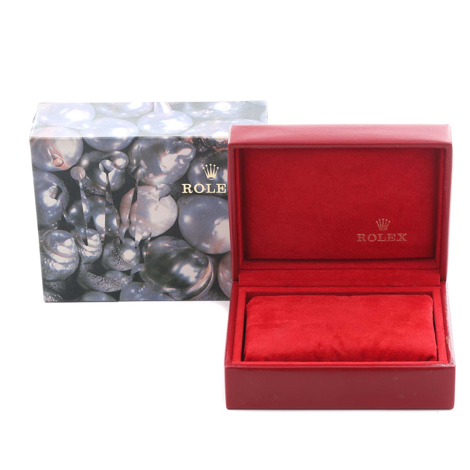 The image shows an open Rolex Datejust 16200 Men's Stainless Steel Pink Dial 16200 Men's Stainless Steel Pink Dial watch box with a red velvet interior alongside its decorative outer box.