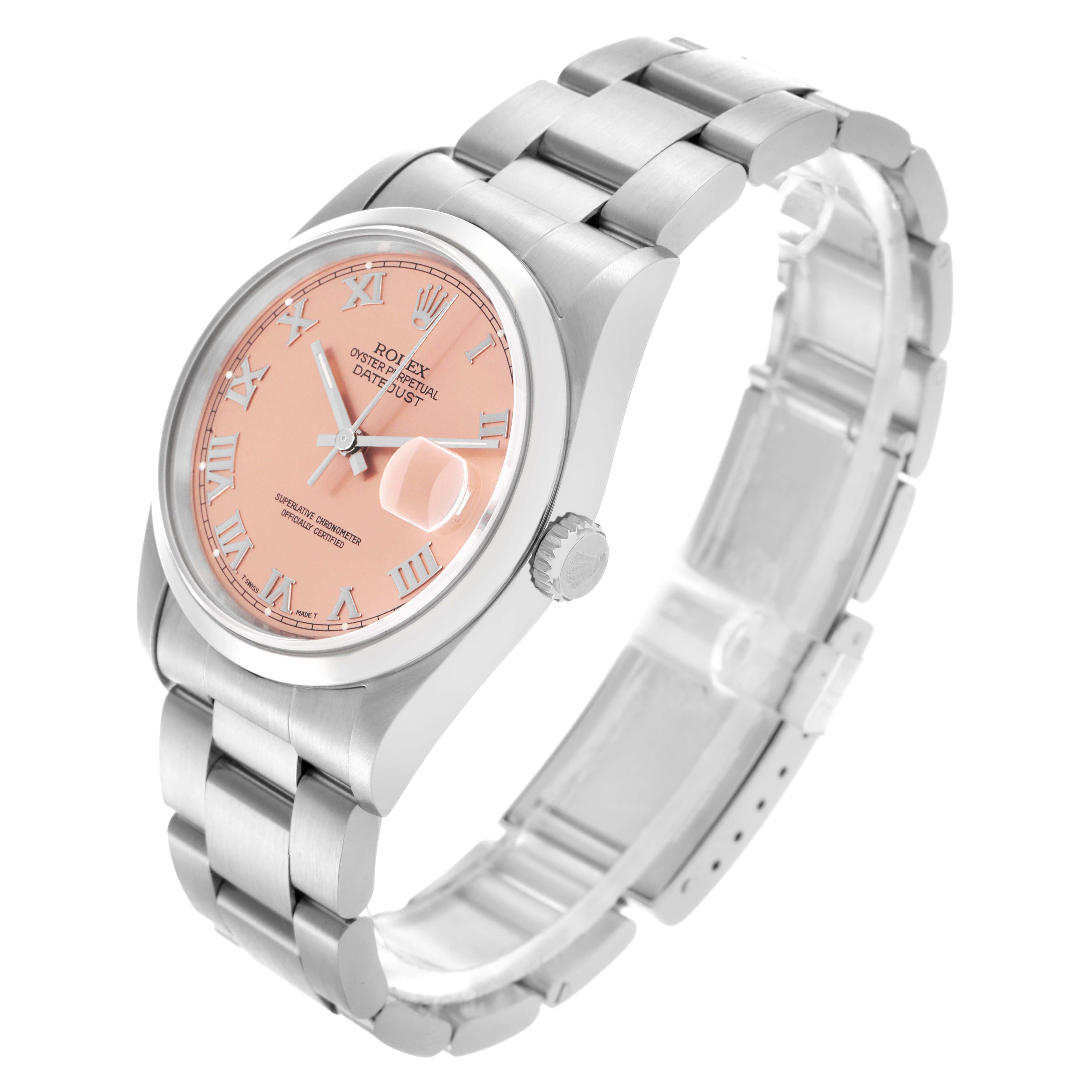 The Rolex Datejust 16200 Men's Stainless Steel Pink Dial 16200 Men's Stainless Steel Pink Dial is shown at an angled side view, highlighting the dial, case, bezel, and partial bracelet.