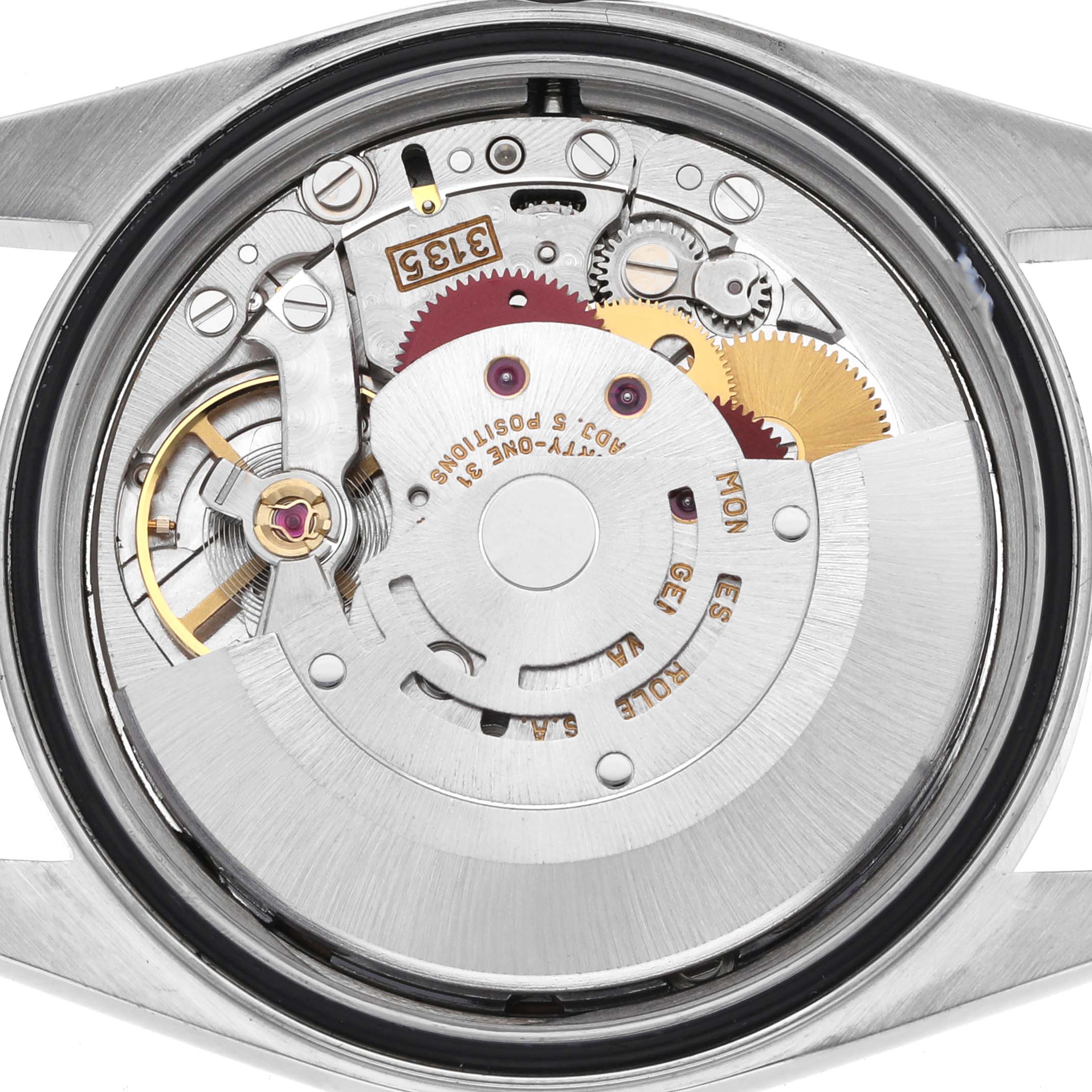The image shows the movement of a Rolex Datejust 16200 Men's Stainless Steel Pink Dial 16200 Men's Stainless Steel Pink Dial watch from a top-down angle, highlighting the intricate gears and mechanisms.