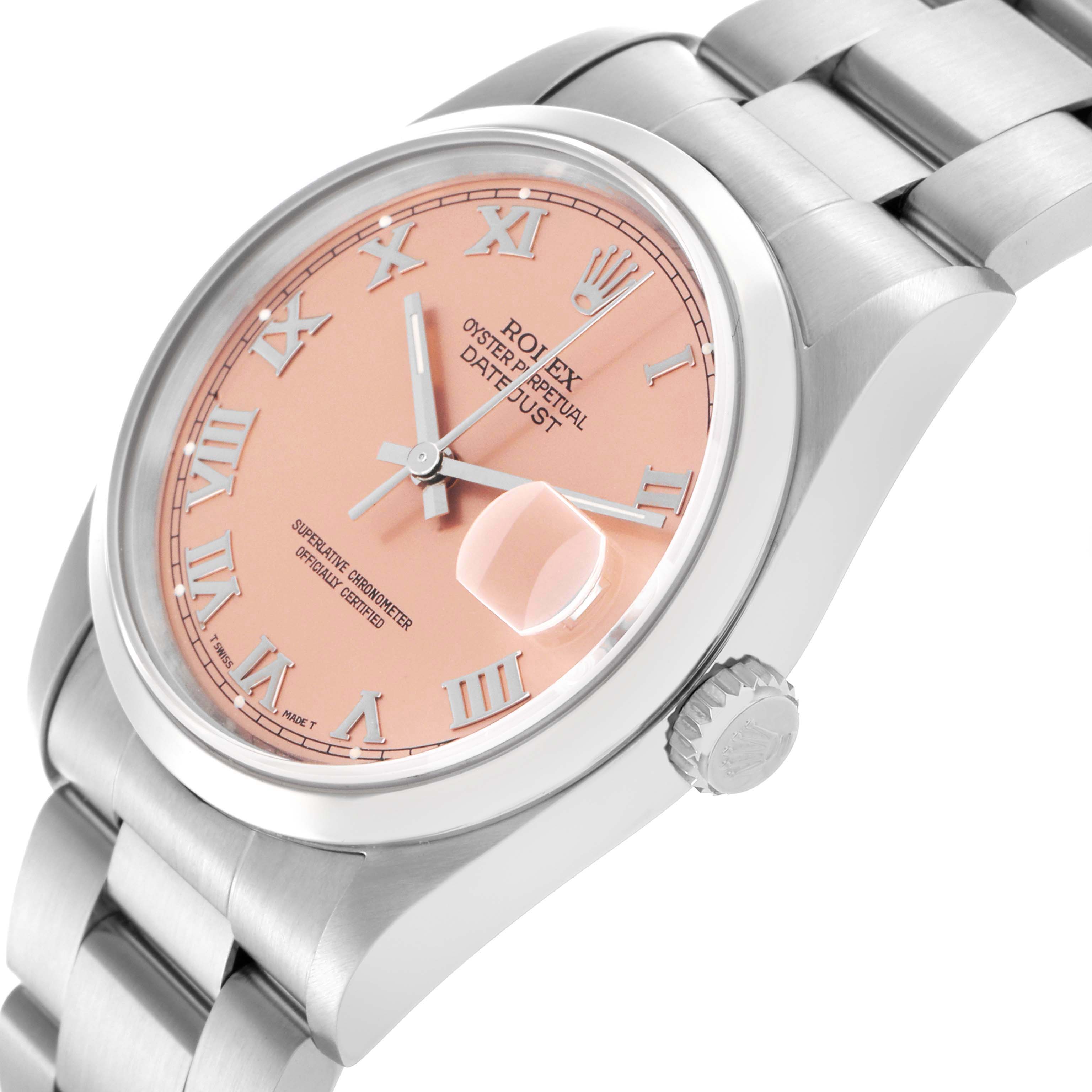 The Rolex Datejust 16200 Men's Stainless Steel Pink Dial 16200 Men's Stainless Steel Pink Dial watch is shown at a three-quarter angle, highlighting the face, crown, and bracelet.
